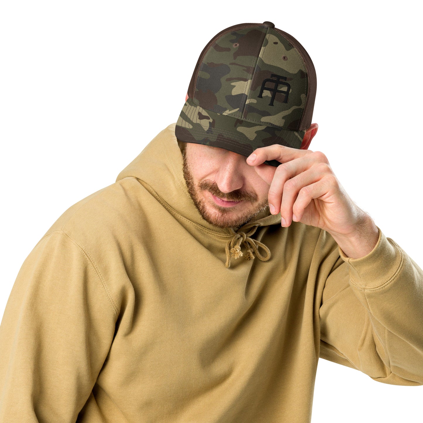 Camo hat by An Athlete Trains. Cotton front mesh back structured 6-panel cap, with adjustable plastic snap