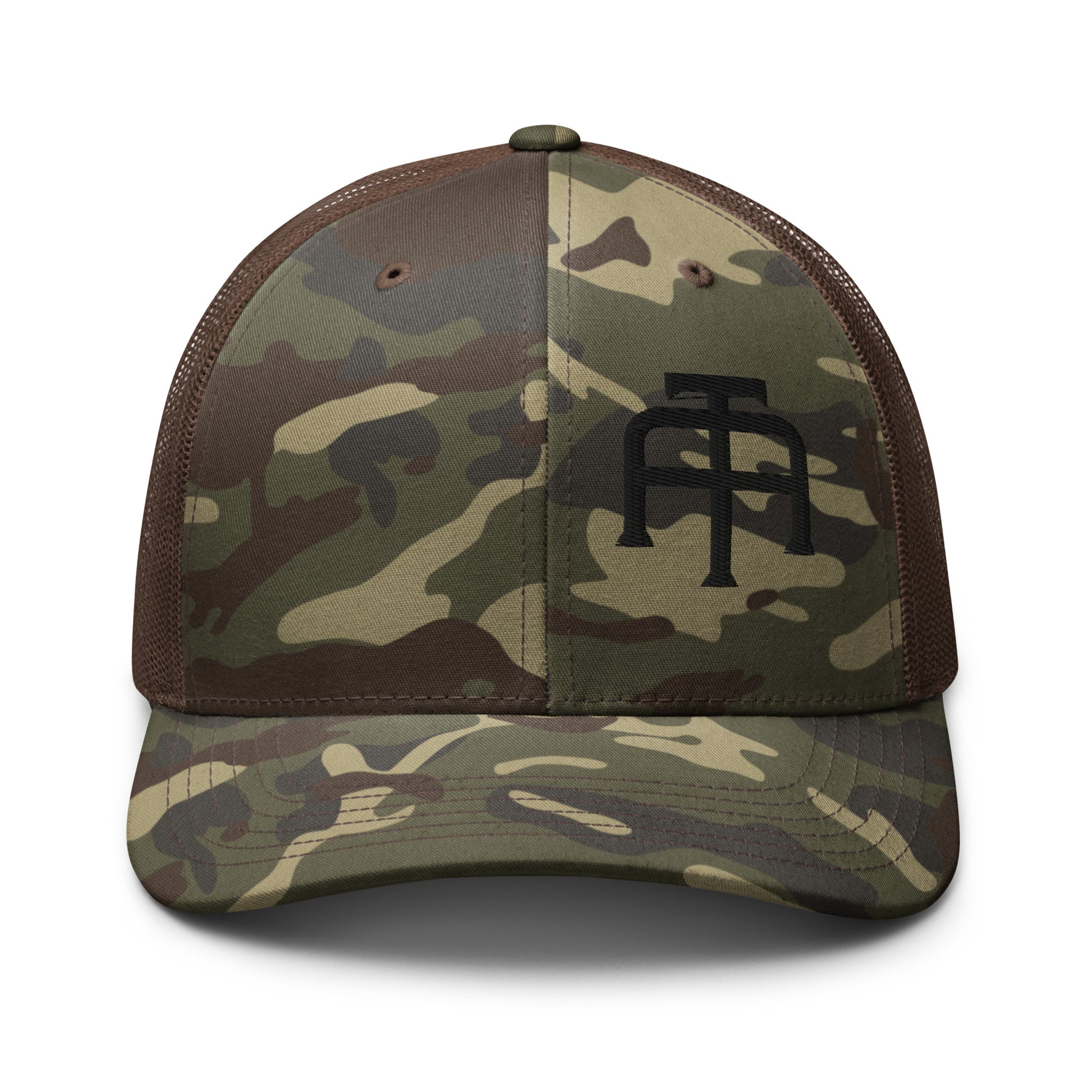 Camo hat by An Athlete Trains. Cotton front mesh back structured 6-panel cap, with adjustable plastic snap