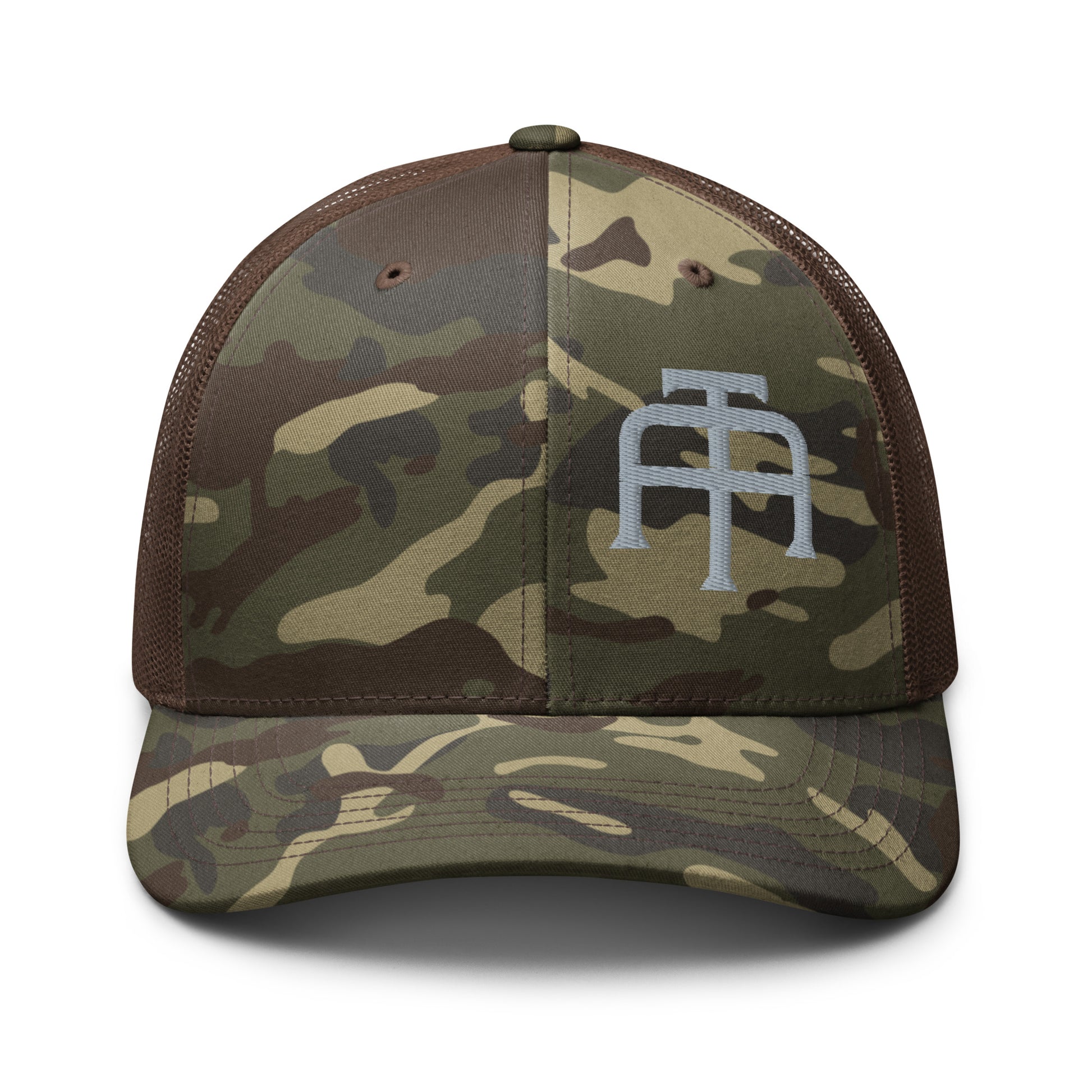 Camo hat by An Athlete Trains. Cotton front mesh back structured 6-panel cap, with adjustable plastic snap