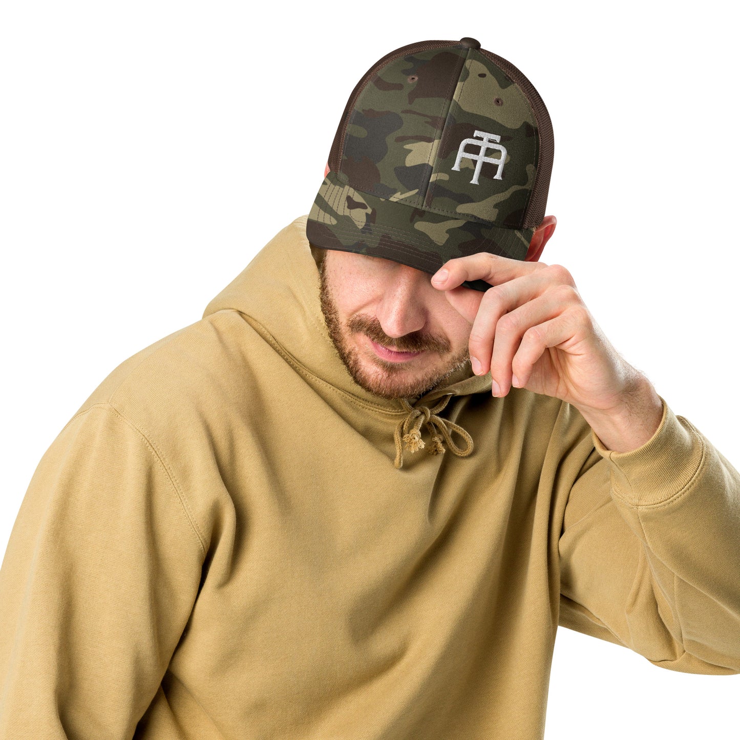 Camo hat by An Athlete Trains. Cotton front mesh back structured 6-panel cap, with adjustable plastic snap