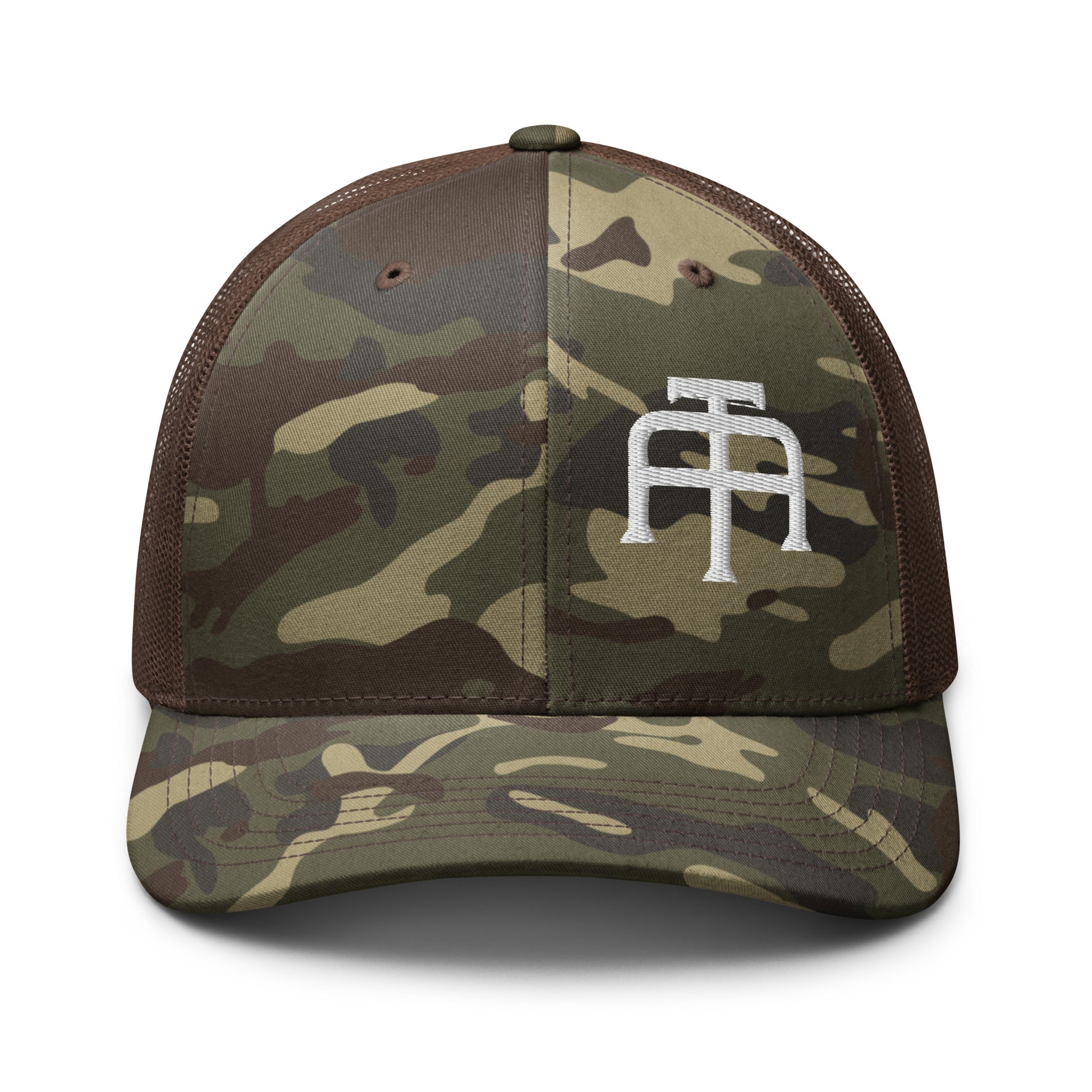 Camo hat by An Athlete Trains. Cotton front mesh back structured 6-panel cap, with adjustable plastic snap