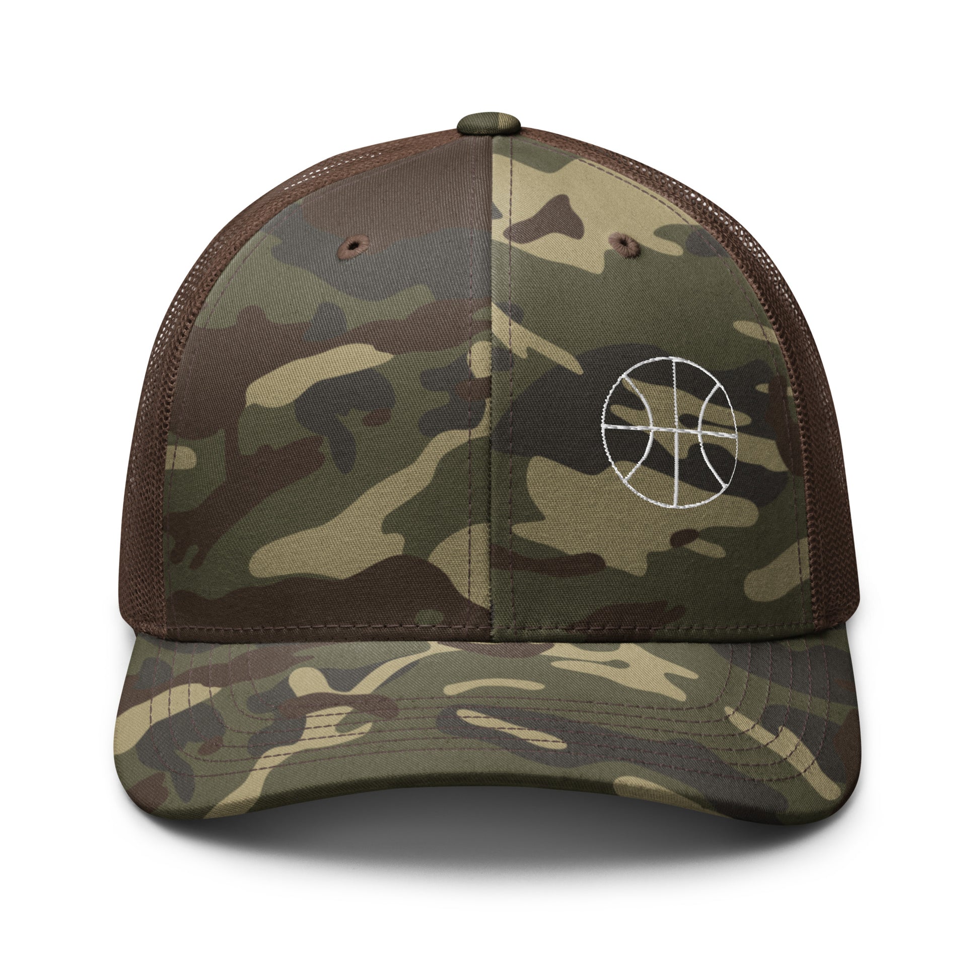 Basketball Edition green camouflage trucker hat with structured cotton front and black mesh back | Our Game | An Athlete