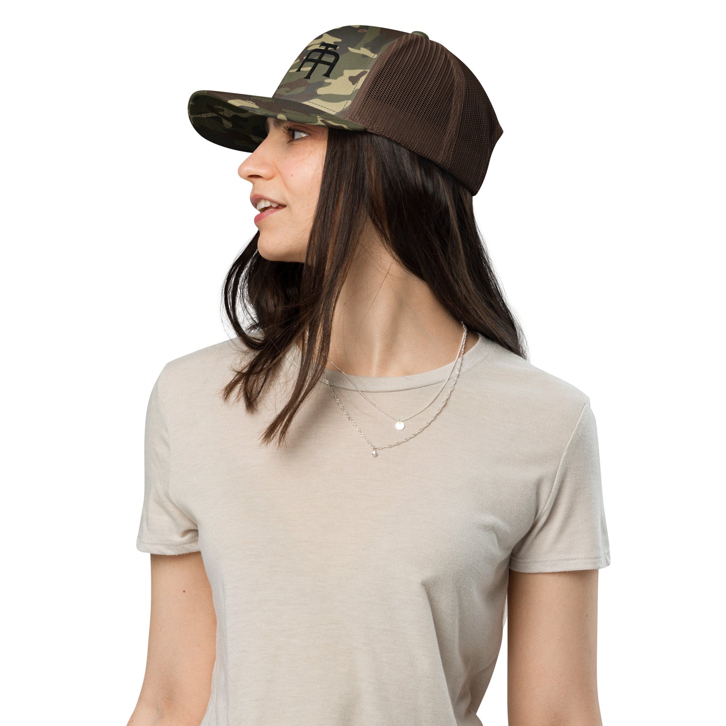 Camo hat by An Athlete Trains. Cotton front mesh back structured 6-panel cap, with adjustable plastic snap