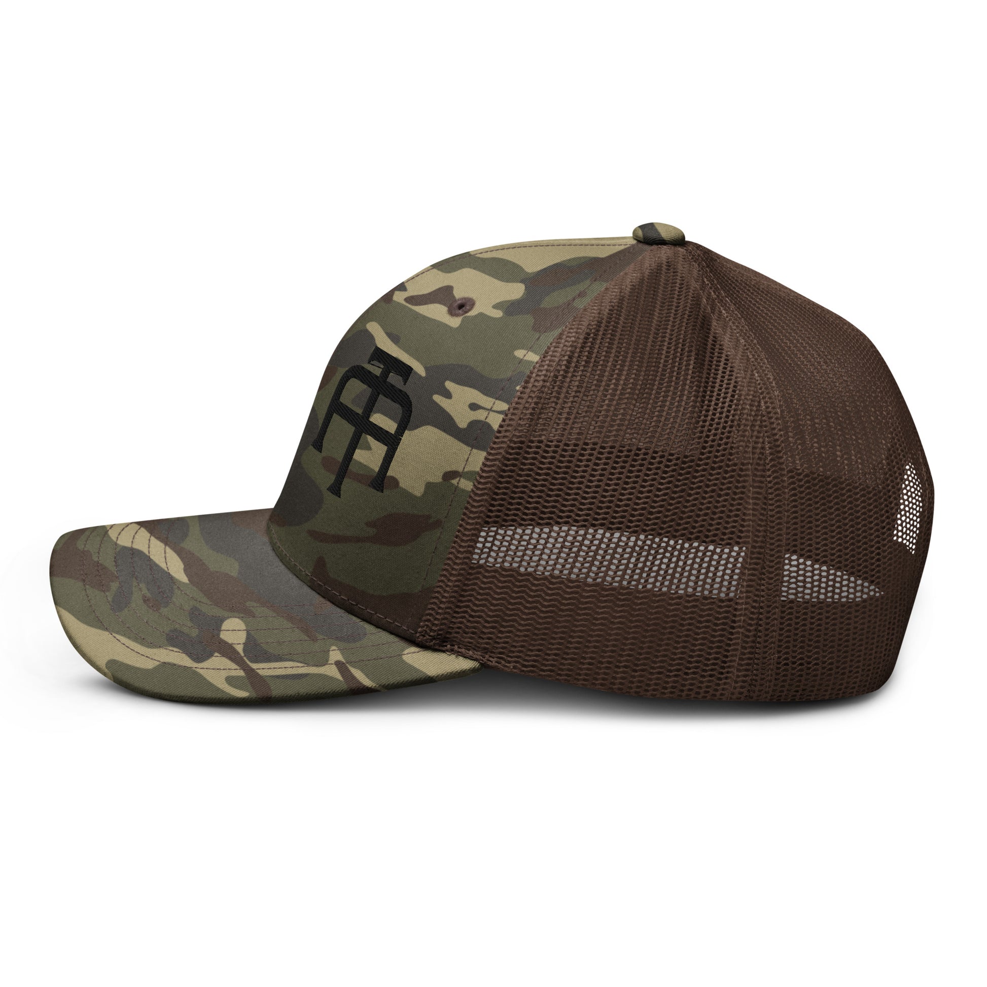 Camo hat by An Athlete Trains. Cotton front mesh back structured 6-panel cap, with adjustable plastic snap