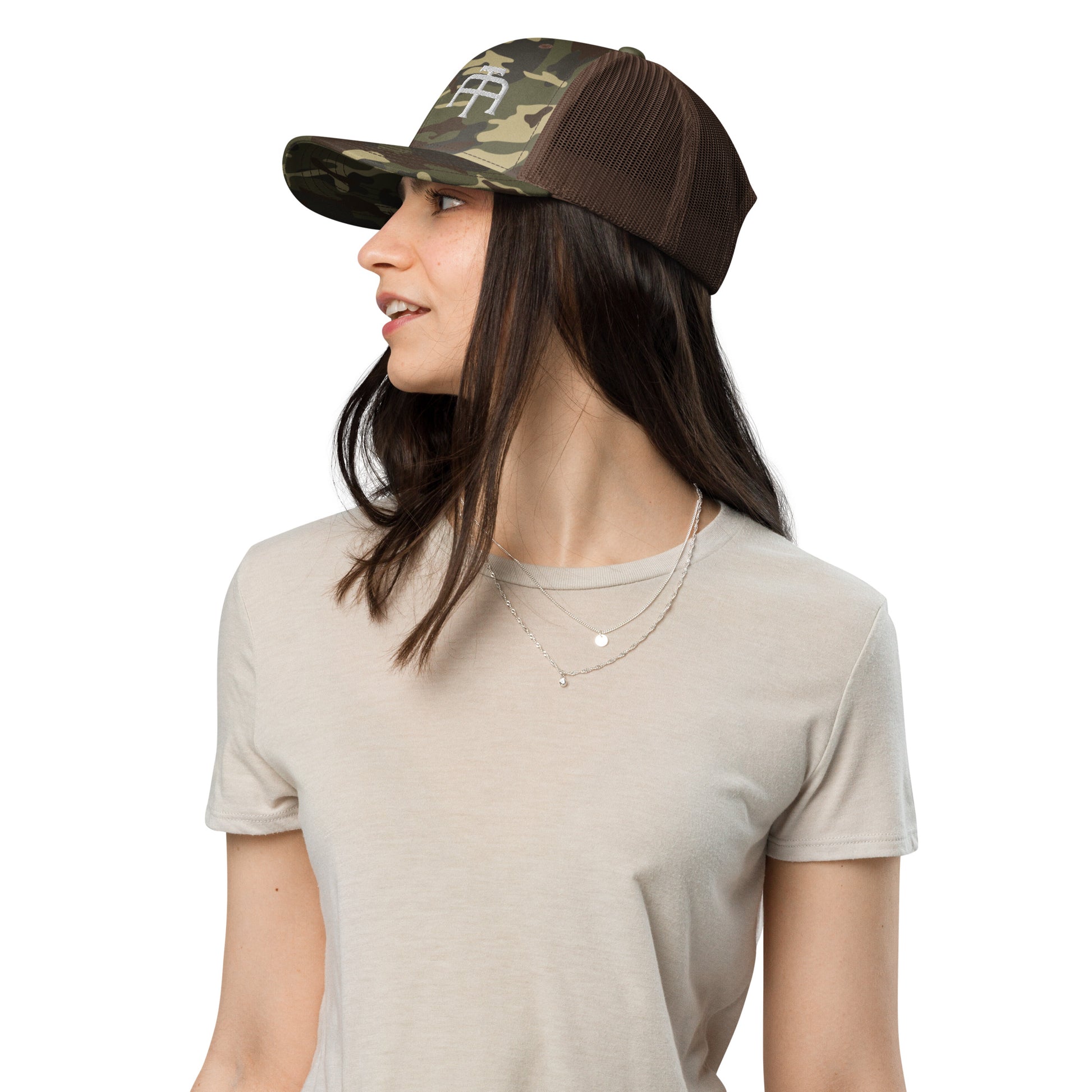 Camo hat by An Athlete Trains. Cotton front mesh back structured 6-panel cap, with adjustable plastic snap