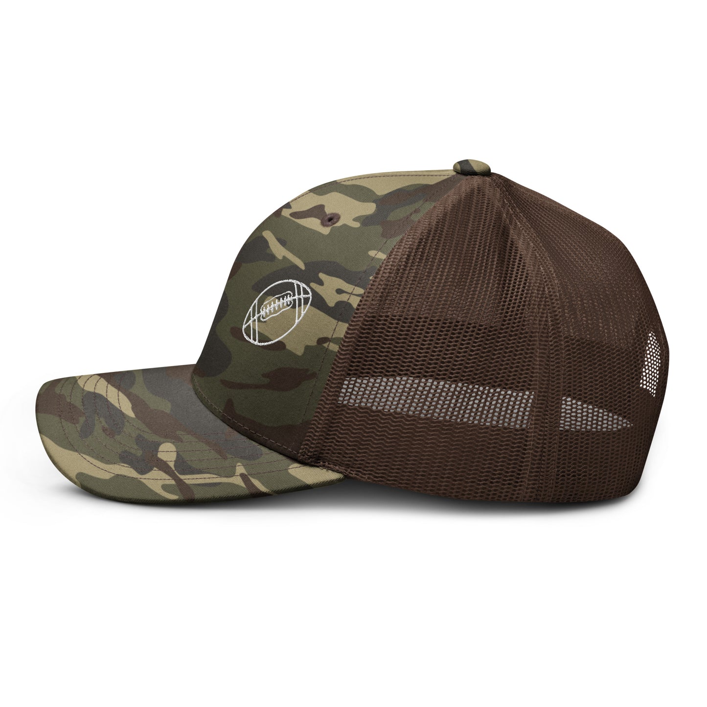 Football Edition tan camouflage trucker hat with structured cotton front and breathable brown mesh back | Our Game | An Athlete Trains