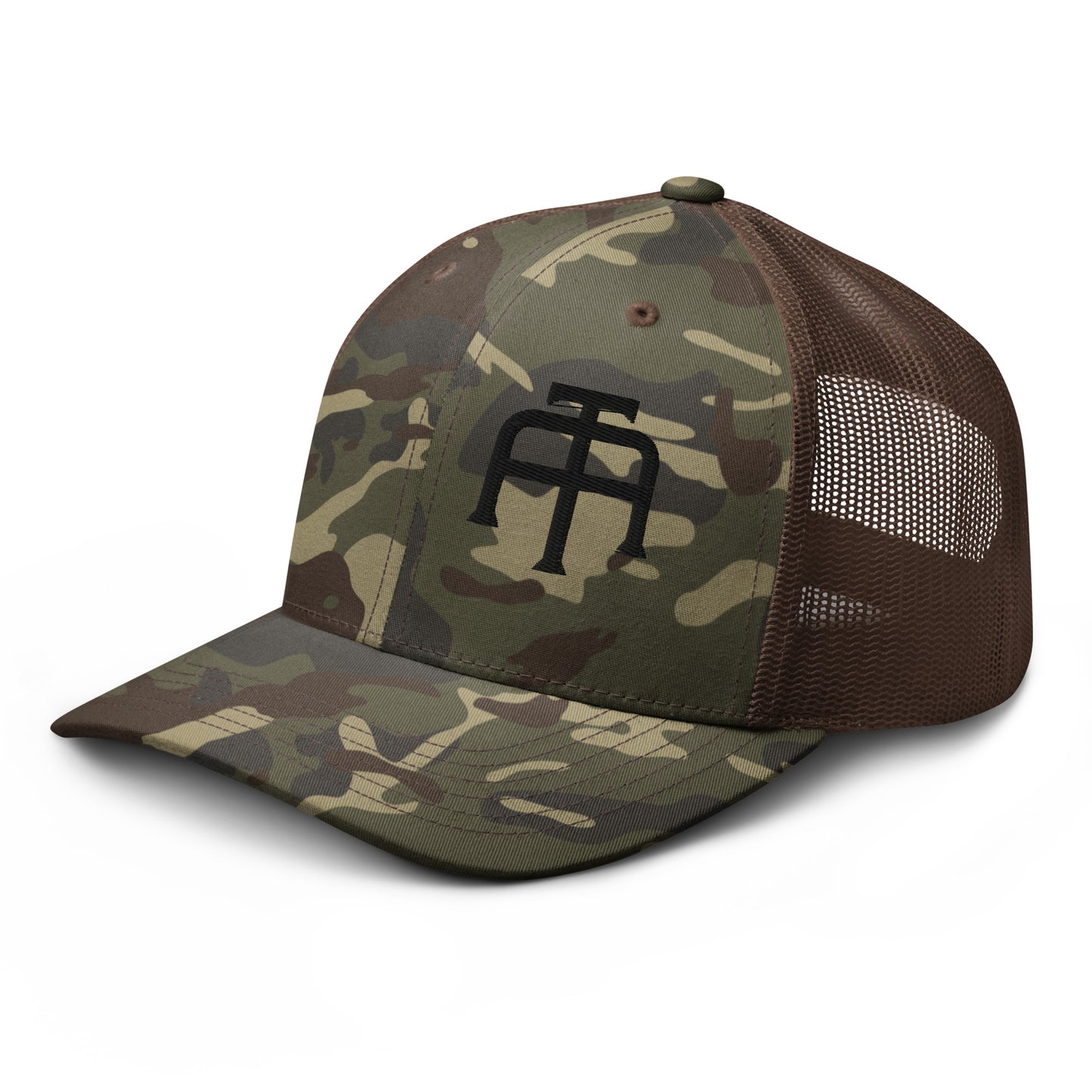 Camo hat by An Athlete Trains. Cotton front mesh back structured 6-panel cap, with adjustable plastic snap