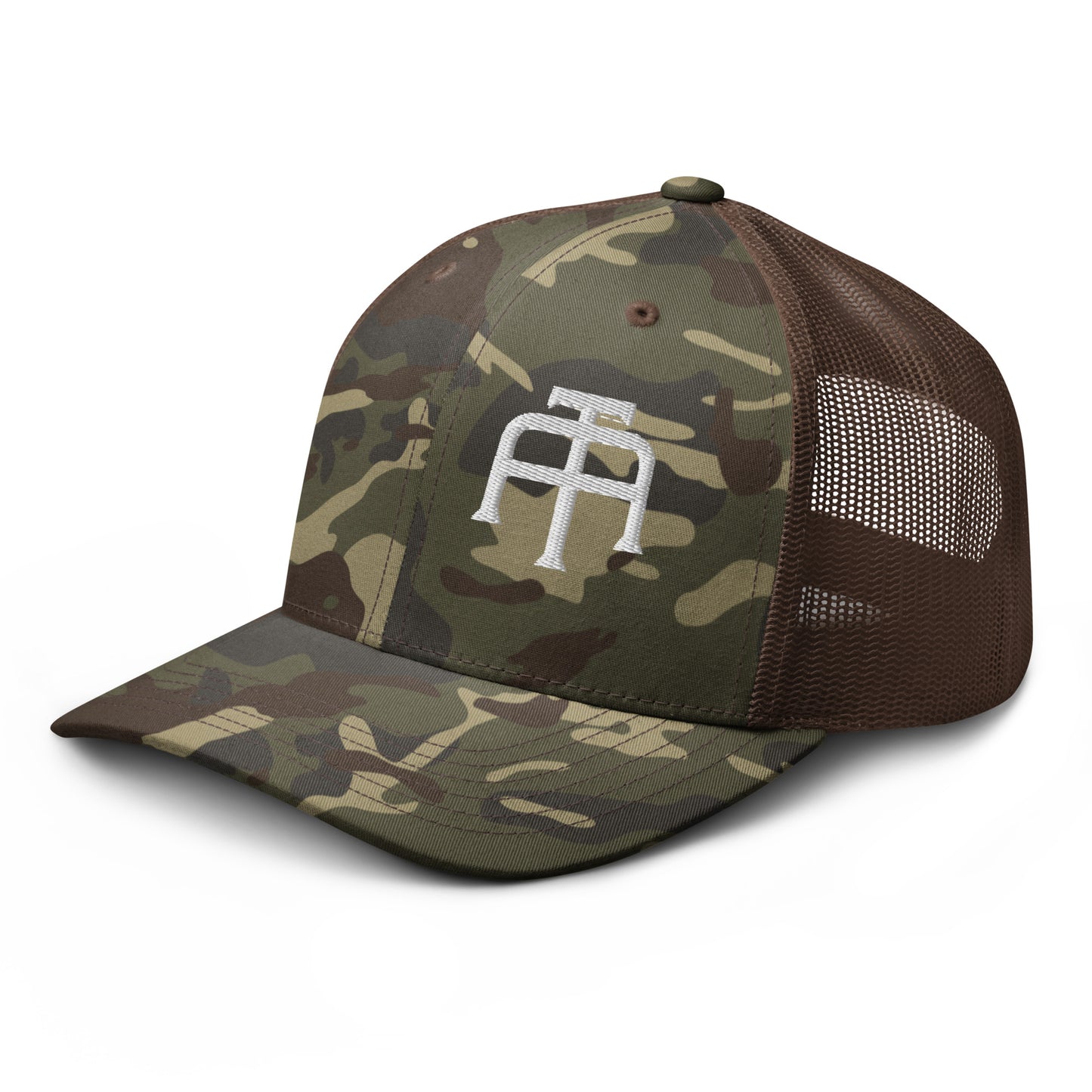 Camo hat by An Athlete Trains. Cotton front mesh back structured 6-panel cap, with adjustable plastic snap