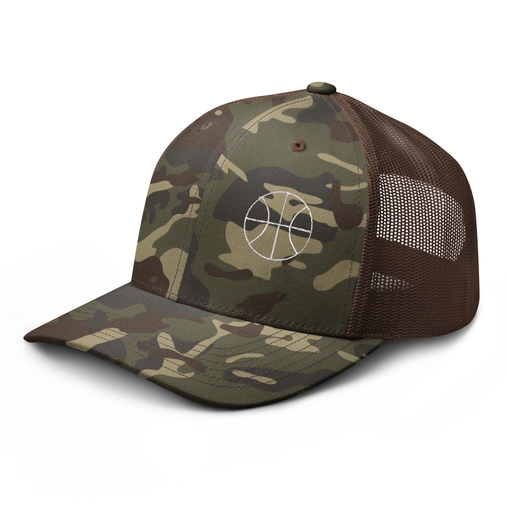 Basketball Edition tan camouflage trucker hat with structured cotton front and breathable mesh back — Our Game collection