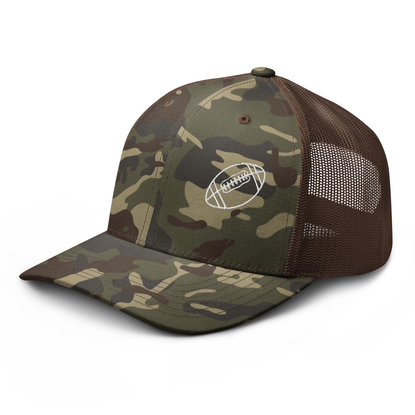 Football Edition tan camouflage trucker hat with structured cotton front and breathable brown mesh back | Our Game | An Athlete Trains