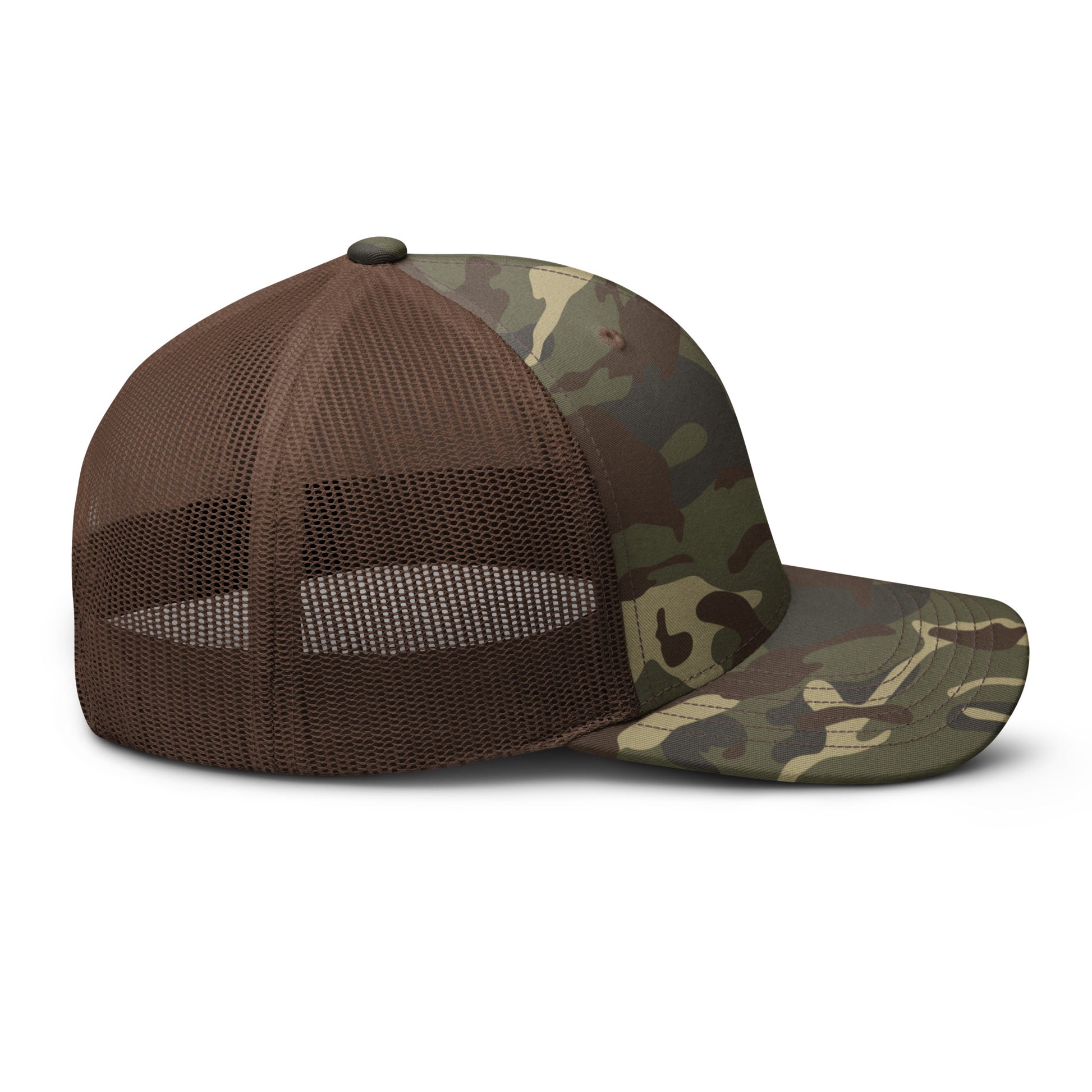 Camo hat by An Athlete Trains. Cotton front mesh back structured 6-panel cap, with adjustable plastic snap