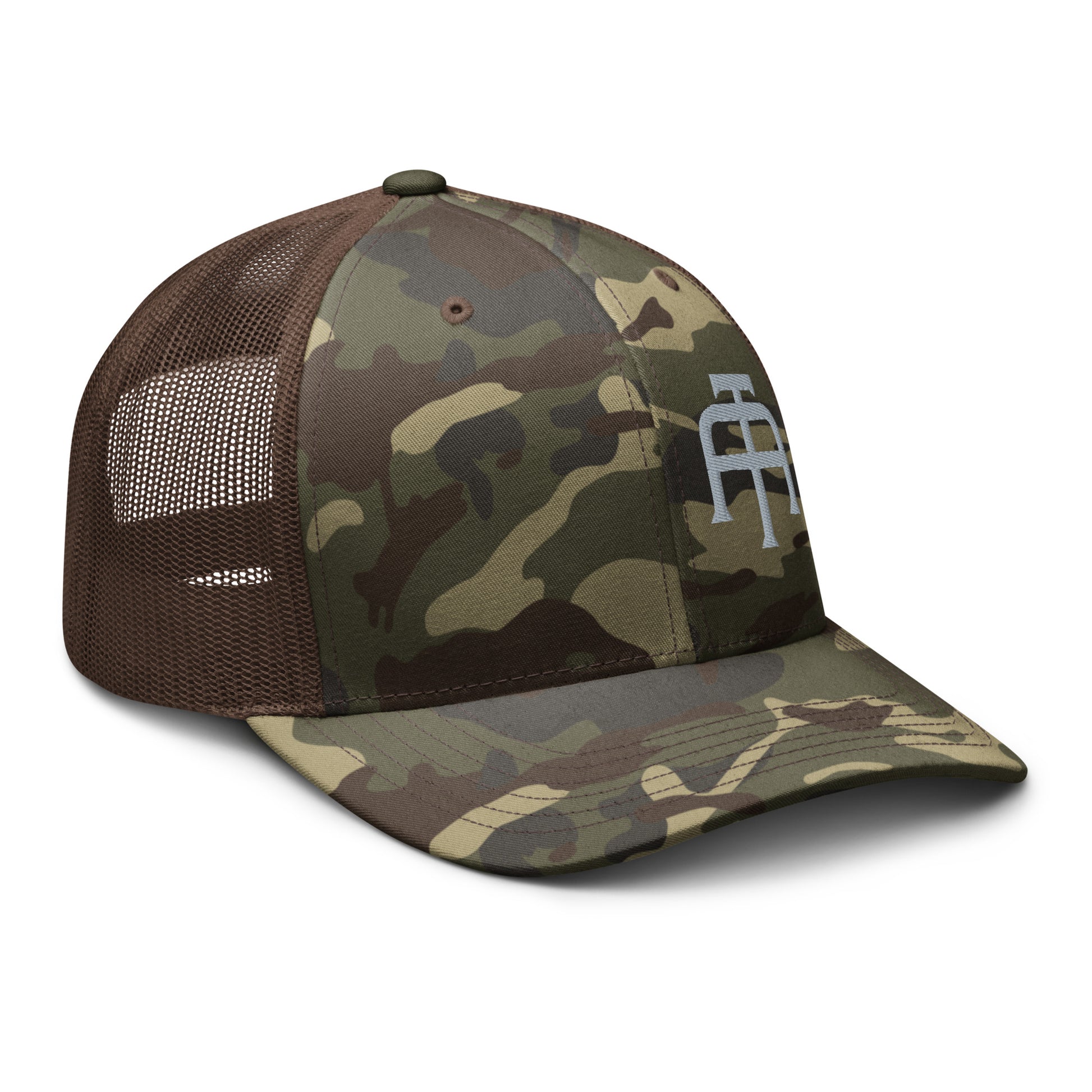 Camo hat by An Athlete Trains. Cotton front mesh back structured 6-panel cap, with adjustable plastic snap