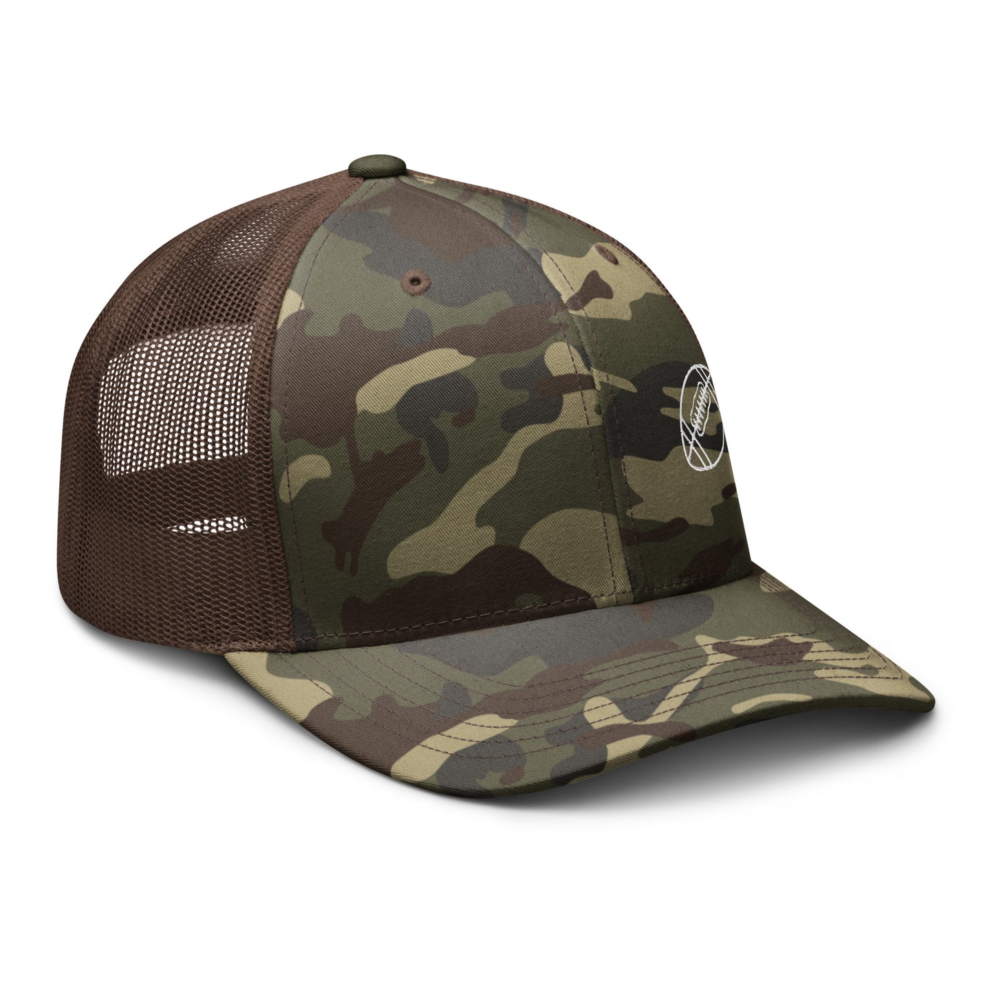 Football Edition tan camouflage trucker hat with structured cotton front and breathable brown mesh back | Our Game | An Athlete Trains