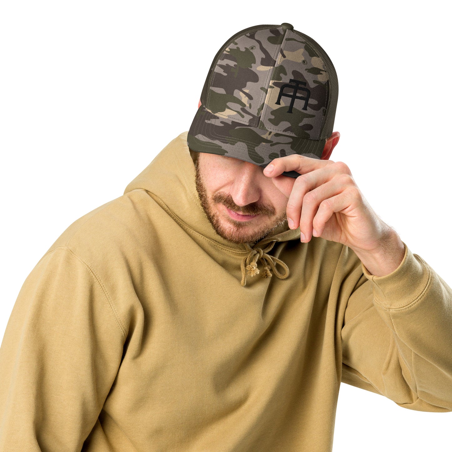 Camo hat by An Athlete Trains. Cotton front mesh back structured 6-panel cap, with adjustable plastic snap