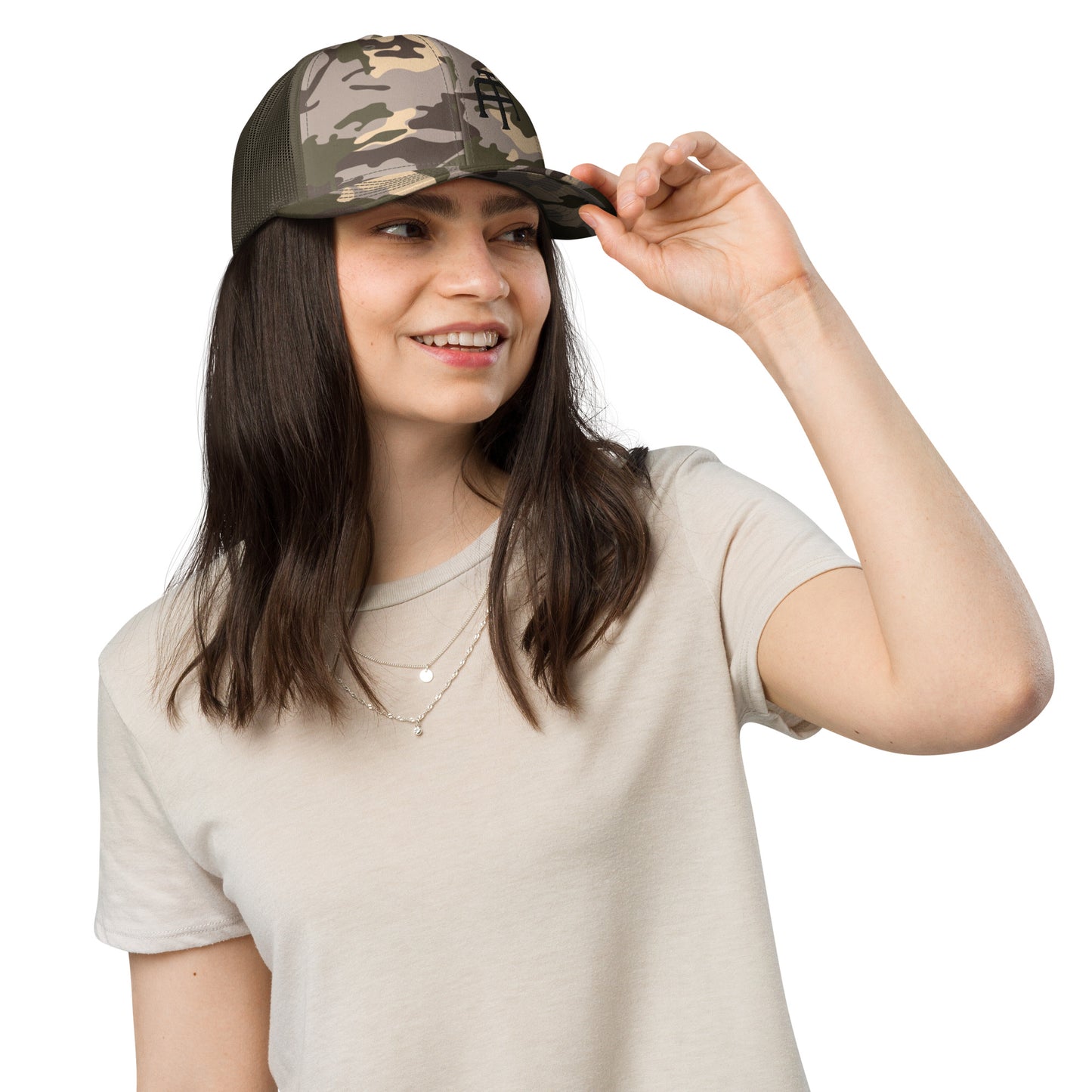 Camo hat by An Athlete Trains. Cotton front mesh back structured 6-panel cap, with adjustable plastic snap