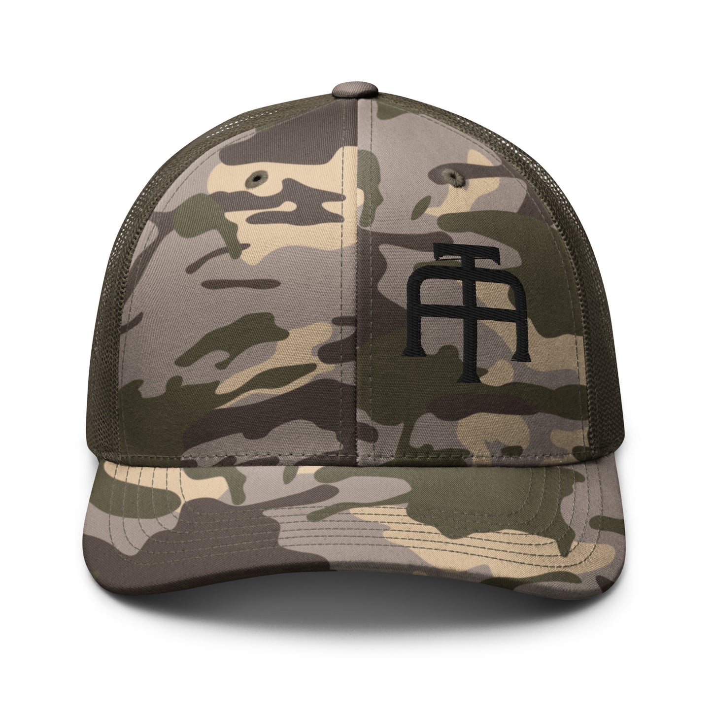 Camo hat by An Athlete Trains. Cotton front mesh back structured 6-panel cap, with adjustable plastic snap