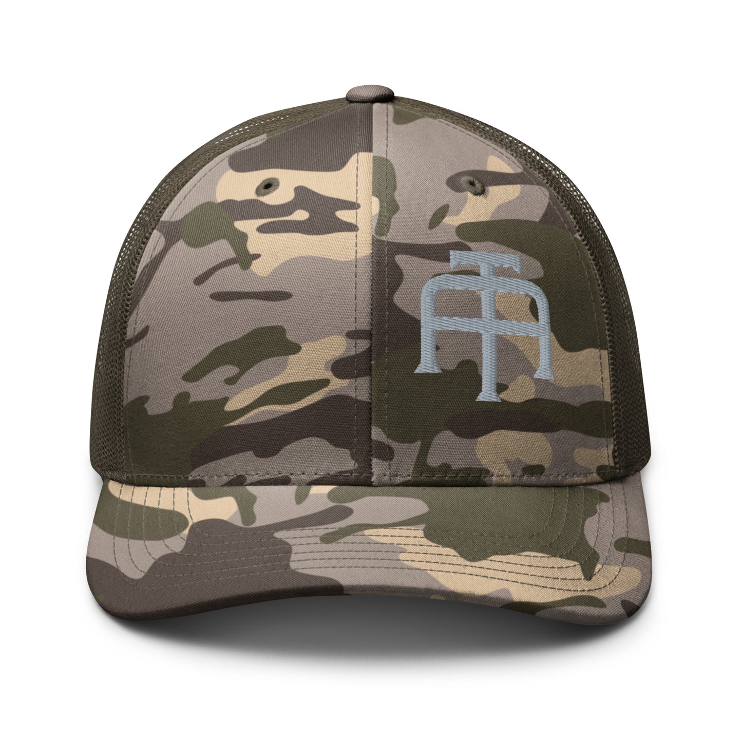 Camo hat by An Athlete Trains. Cotton front mesh back structured 6-panel cap, with adjustable plastic snap