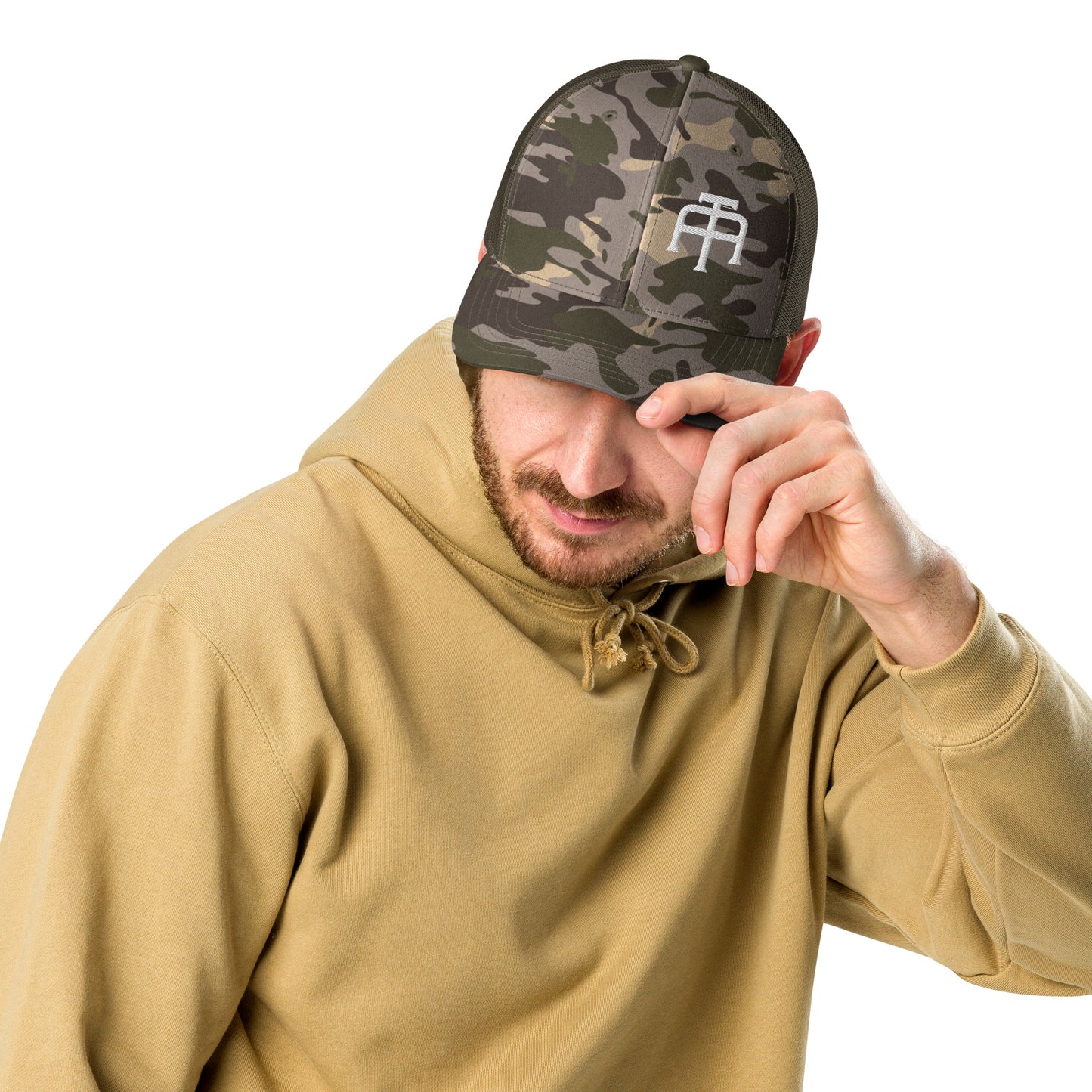 Camo hat by An Athlete Trains. Cotton front mesh back structured 6-panel cap, with adjustable plastic snap