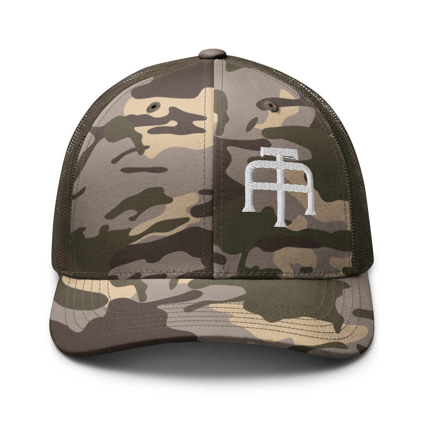 Camo hat by An Athlete Trains. Cotton front mesh back structured 6-panel cap, with adjustable plastic snap