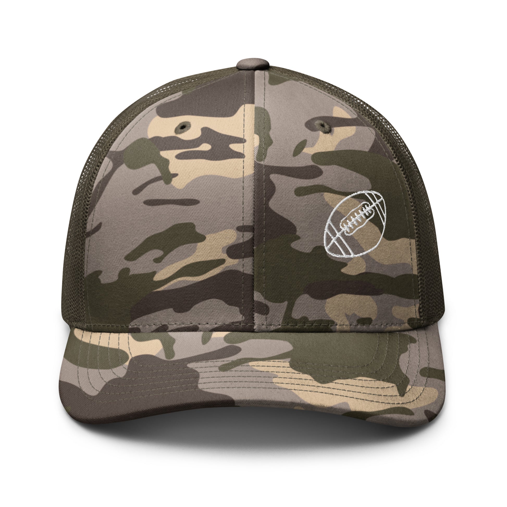 Football Edition tan camouflage trucker hat with structured cotton front and breathable olive mesh back | Our Game | An Athlete Trains