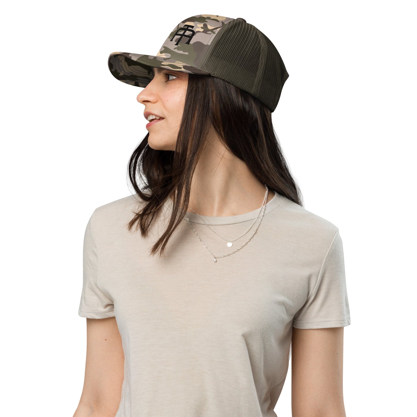 Camo hat by An Athlete Trains. Cotton front mesh back structured 6-panel cap, with adjustable plastic snap