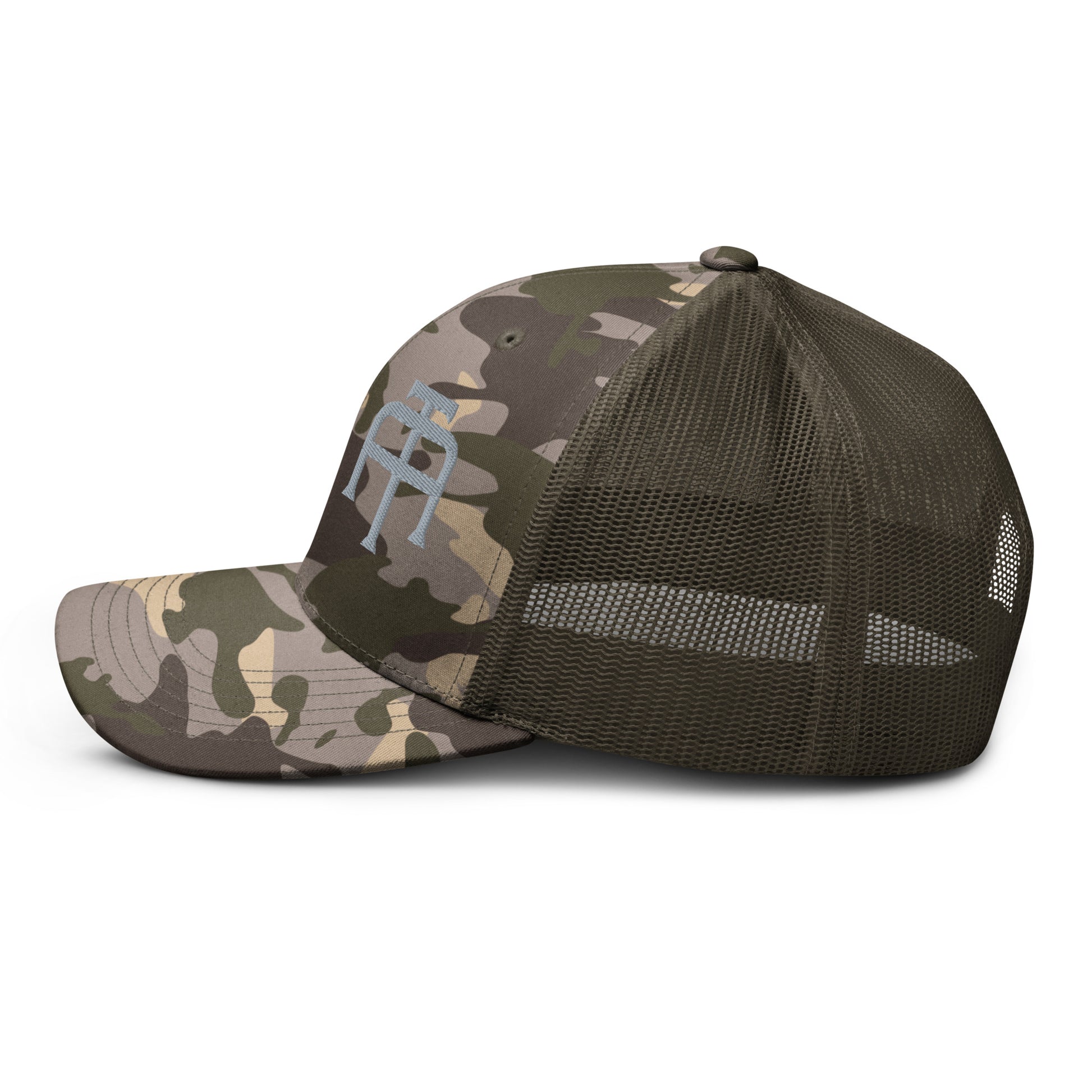 Camo hat by An Athlete Trains. Cotton front mesh back structured 6-panel cap, with adjustable plastic snap