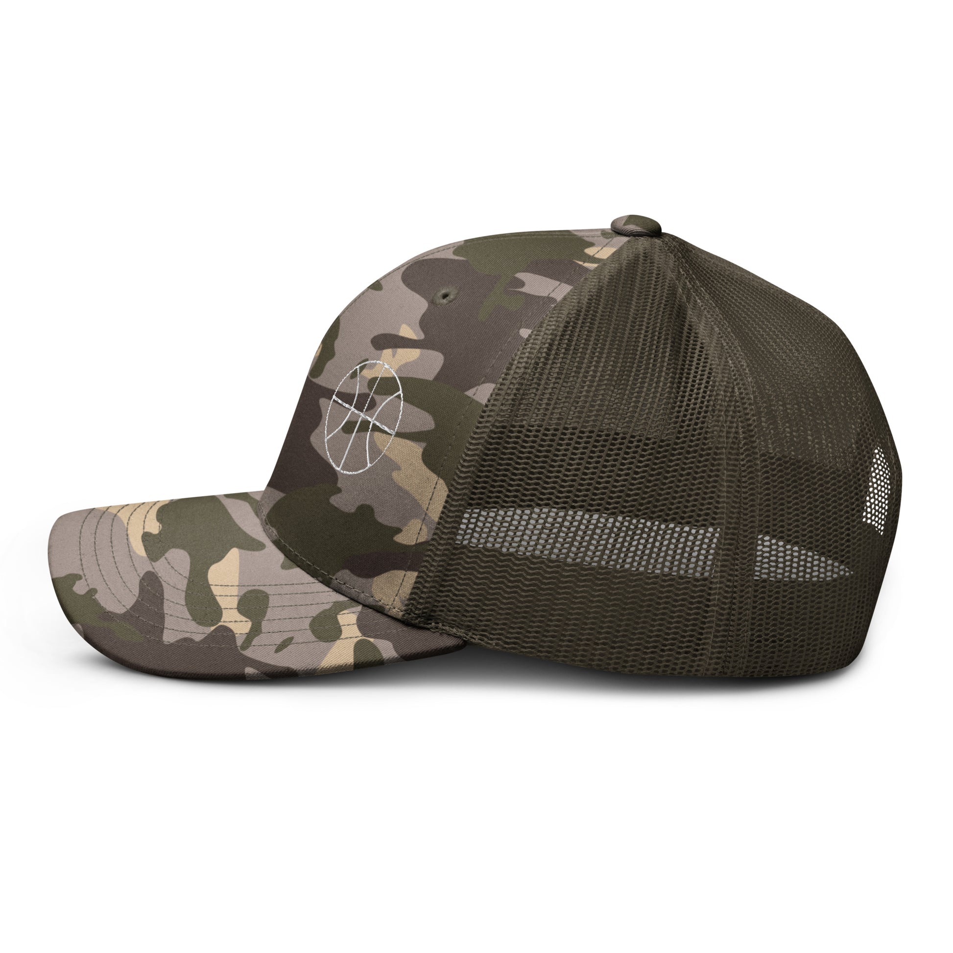 Basketball Edition green camouflage trucker hat with structured cotton front and black mesh back | Our Game | An Athlete