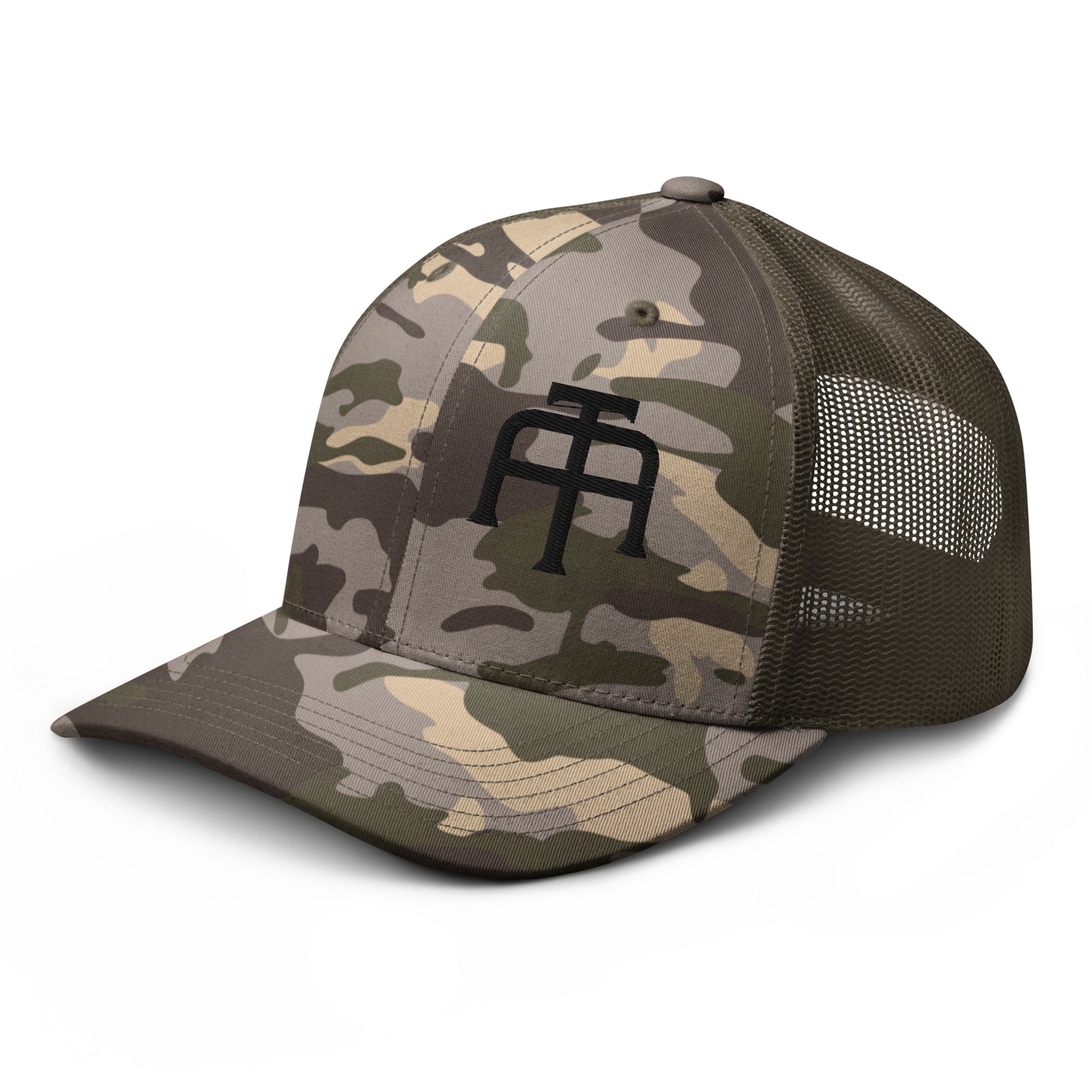 Camo hat by An Athlete Trains. Cotton front mesh back structured 6-panel cap, with adjustable plastic snap