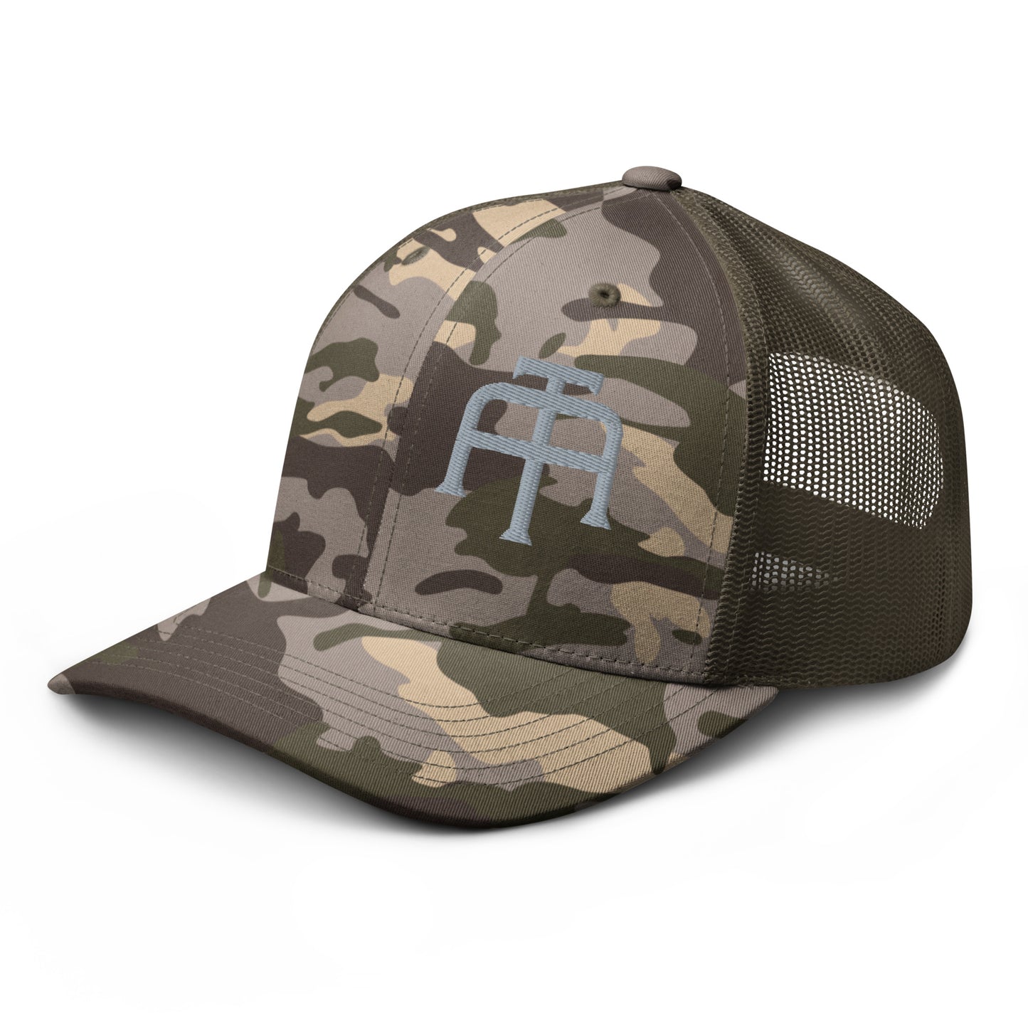 Camo hat by An Athlete Trains. Cotton front mesh back structured 6-panel cap, with adjustable plastic snap