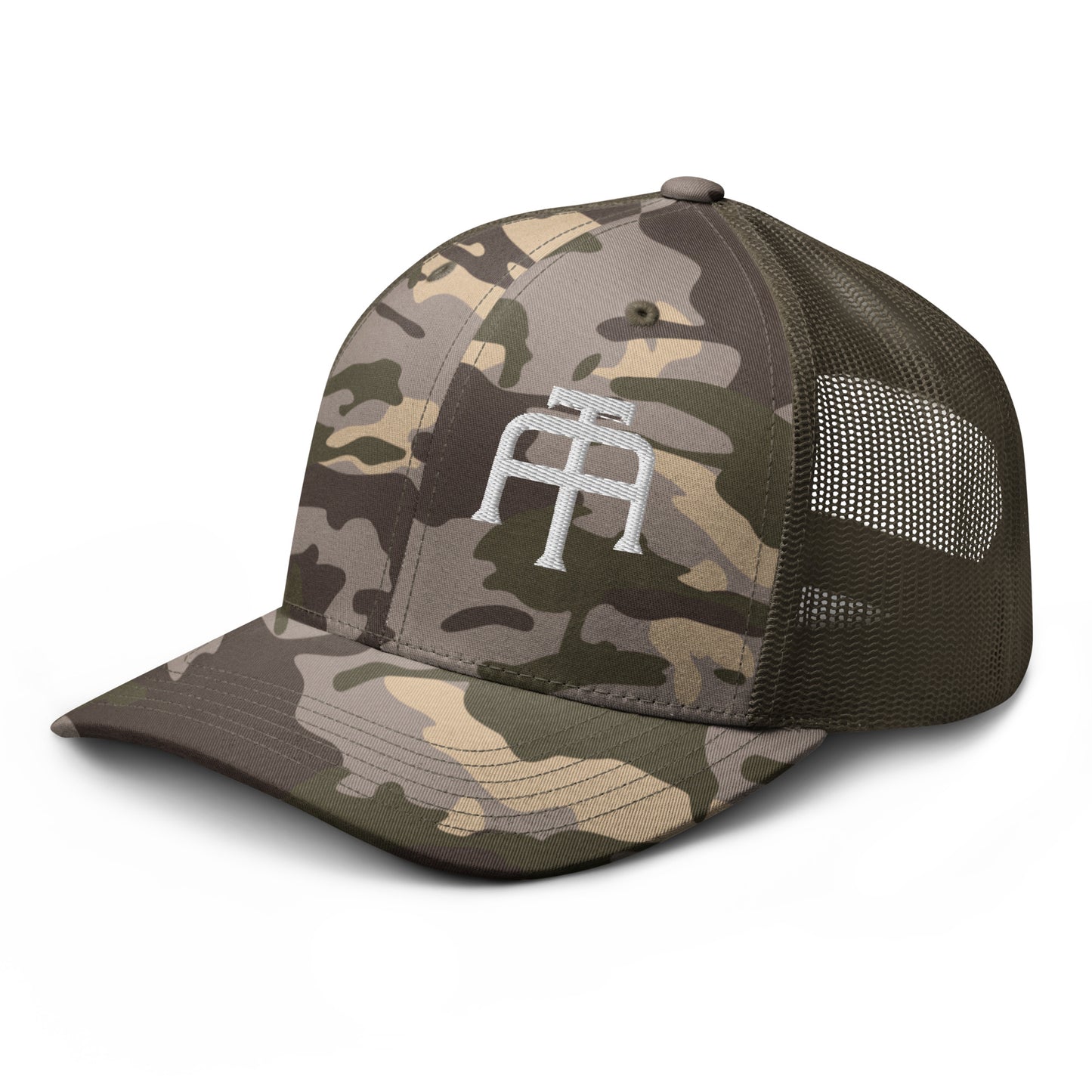 Camo hat by An Athlete Trains. Cotton front mesh back structured 6-panel cap, with adjustable plastic snap