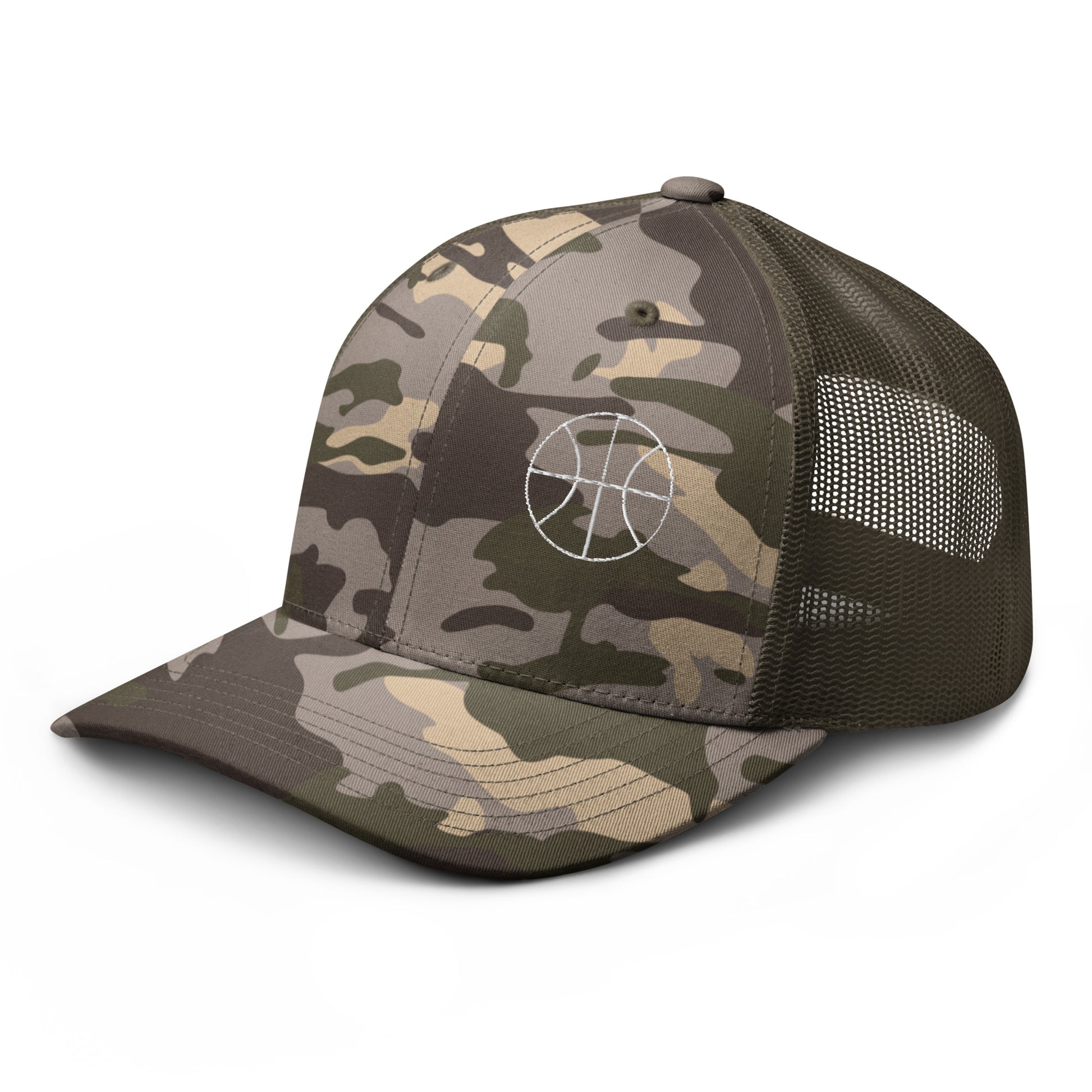 Basketball Edition green camouflage trucker hat with structured cotton front and black mesh back | Our Game | An Athlete