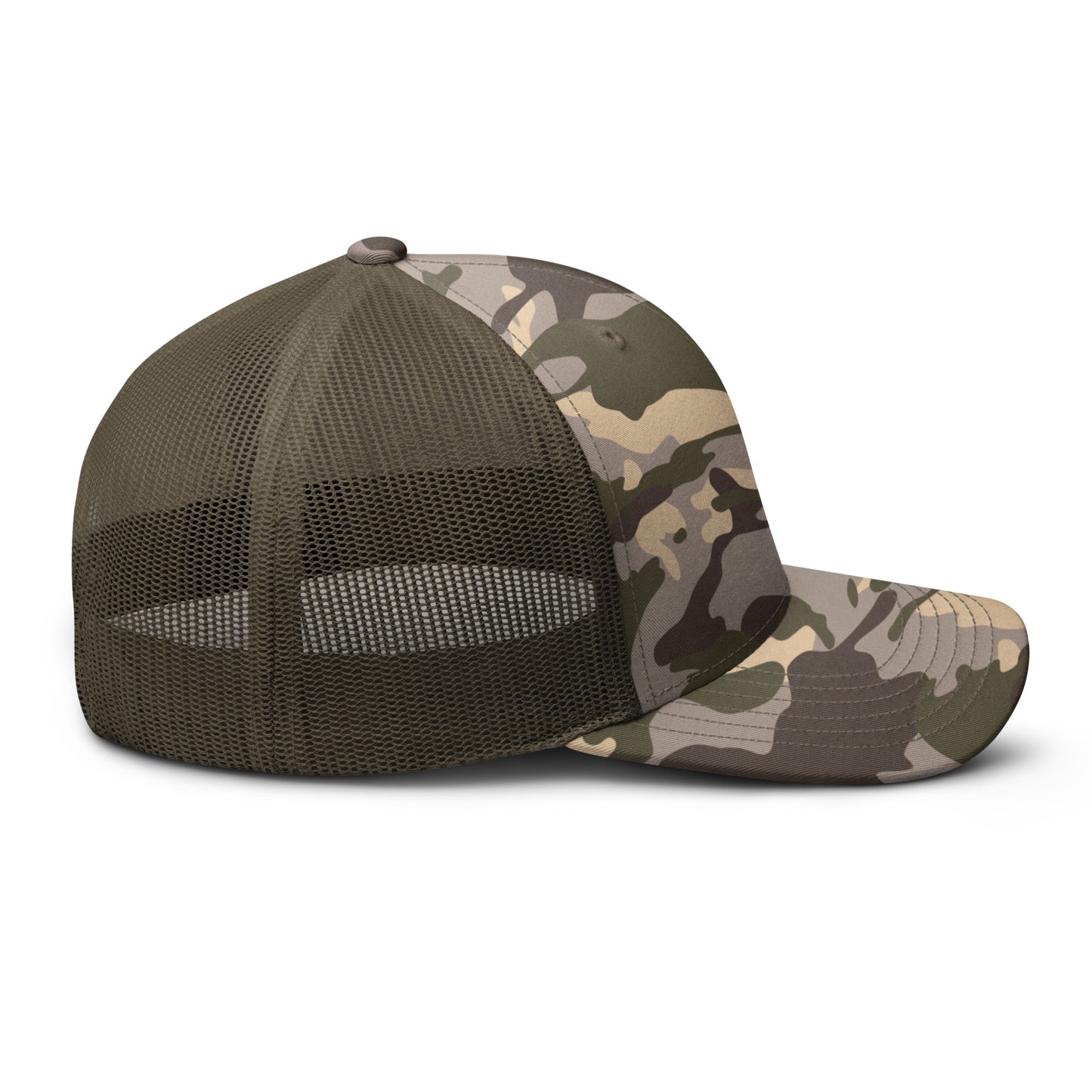 Camo hat by An Athlete Trains. Cotton front mesh back structured 6-panel cap, with adjustable plastic snap