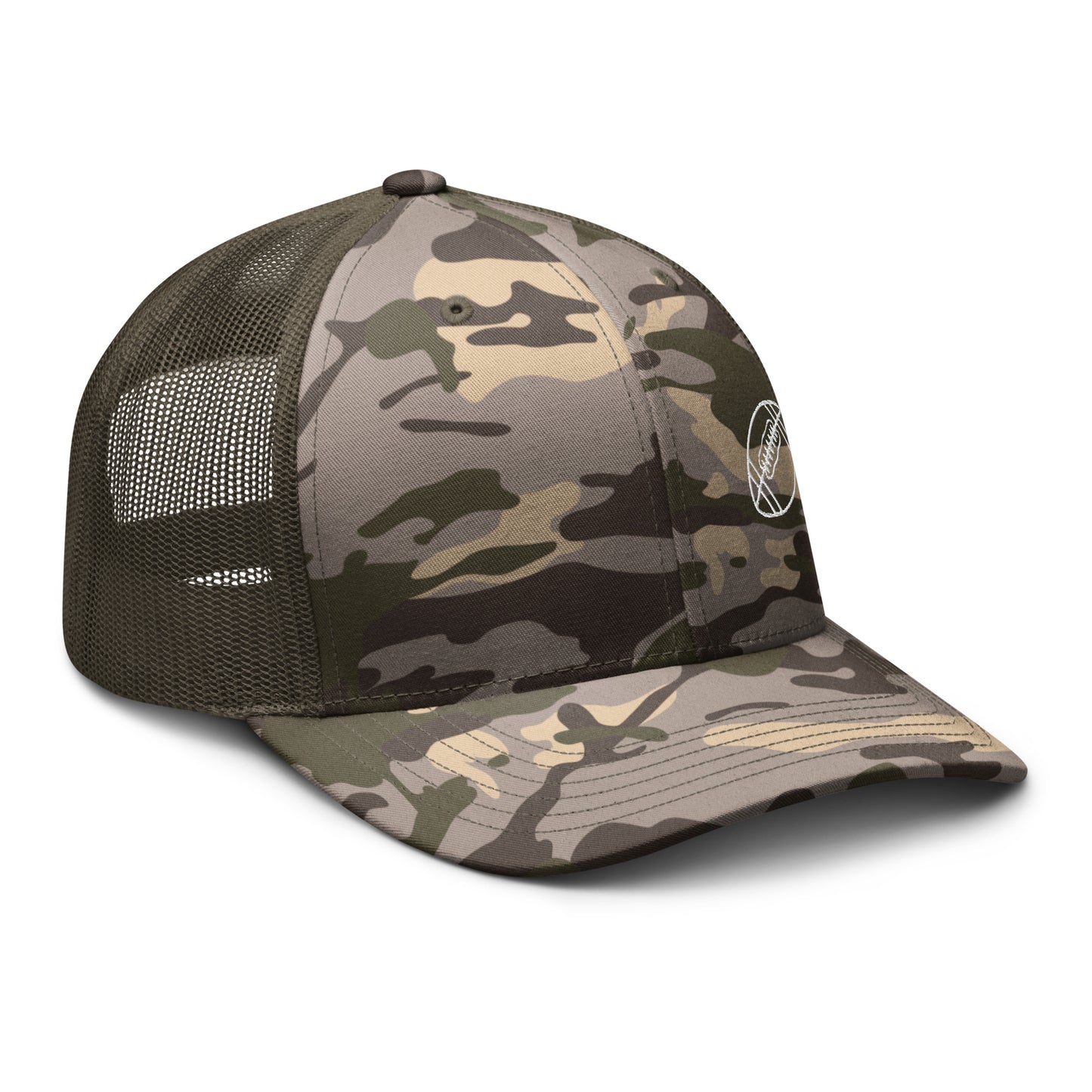 Football Edition tan camouflage trucker hat with structured cotton front and breathable olive mesh back | Our Game | An Athlete Trains