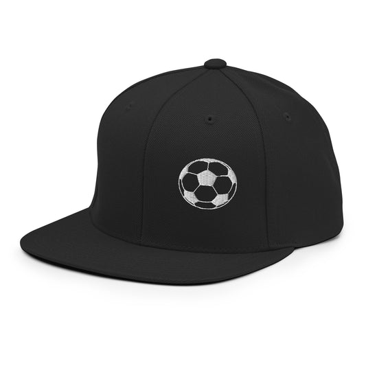 Soccer Edition structured snapback hat in black with flat brim and high-profile 6-panel crown | Our Game | An Athlete Trains