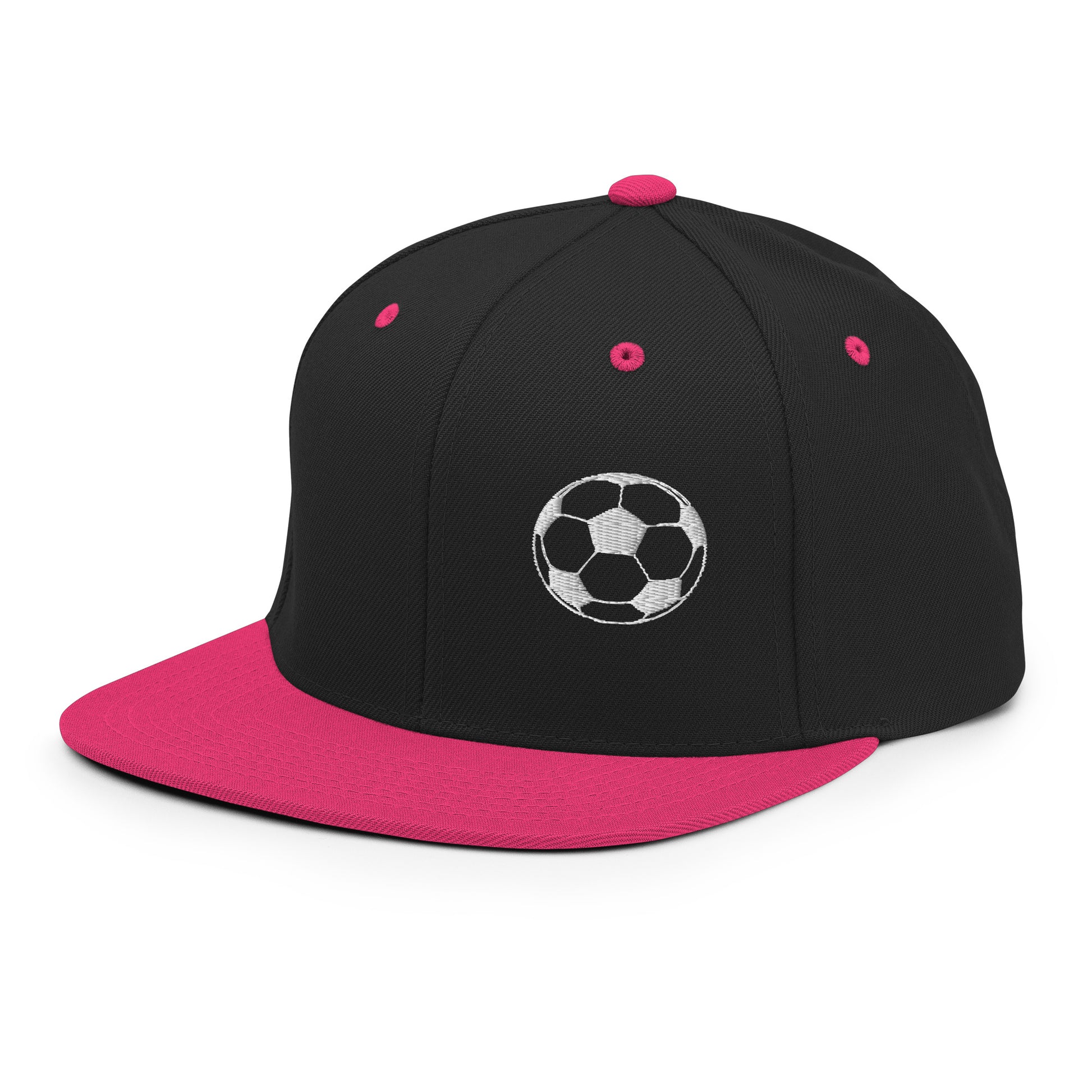 Soccer Edition structured snapback hat in black and pink with flat brim and high-profile 6-panel crown | Our Game | An Athlete Trains