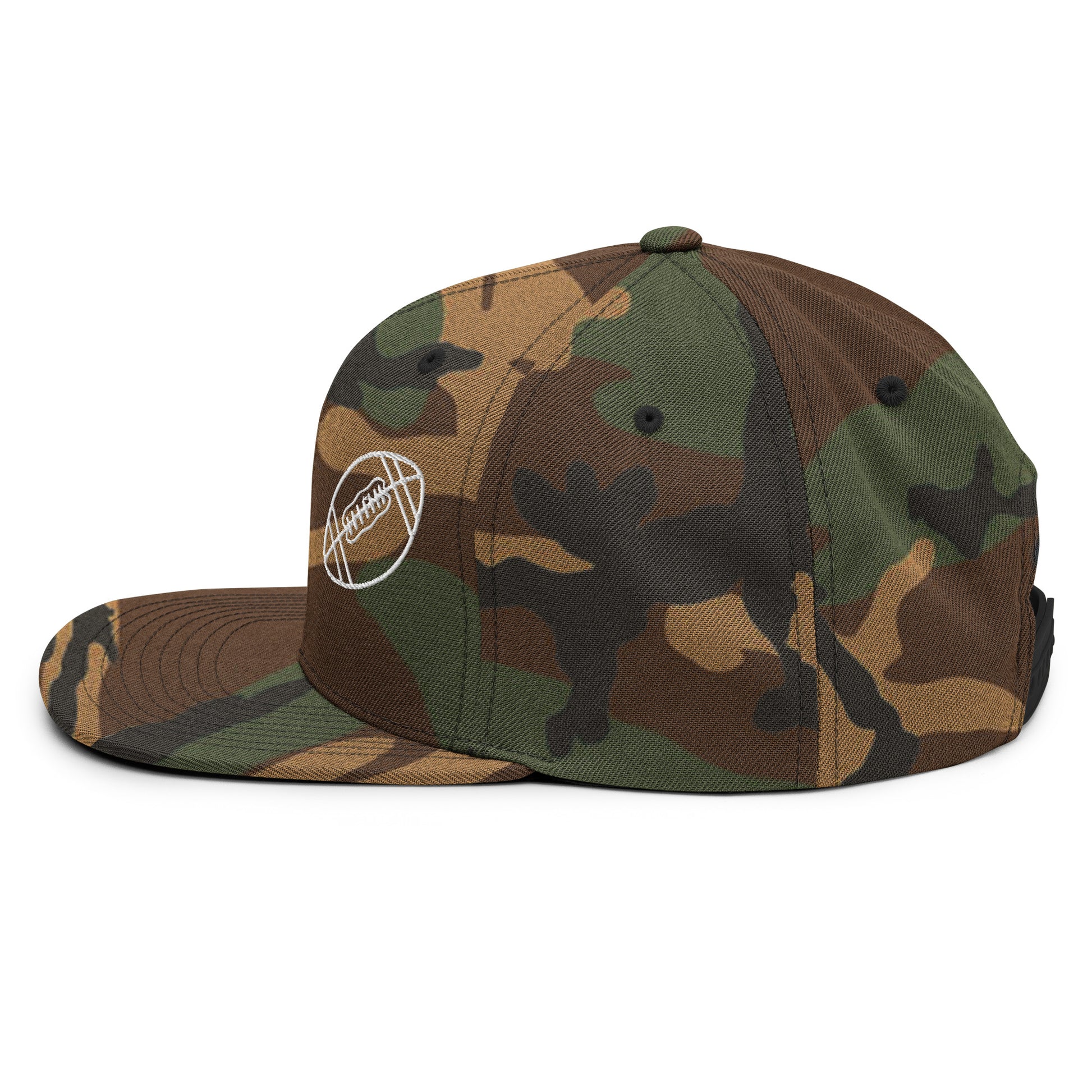 Football Edition structured snapback hat in camo with flat brim and high-profile 6-panel crown | Our Game | An Athlete Trains
