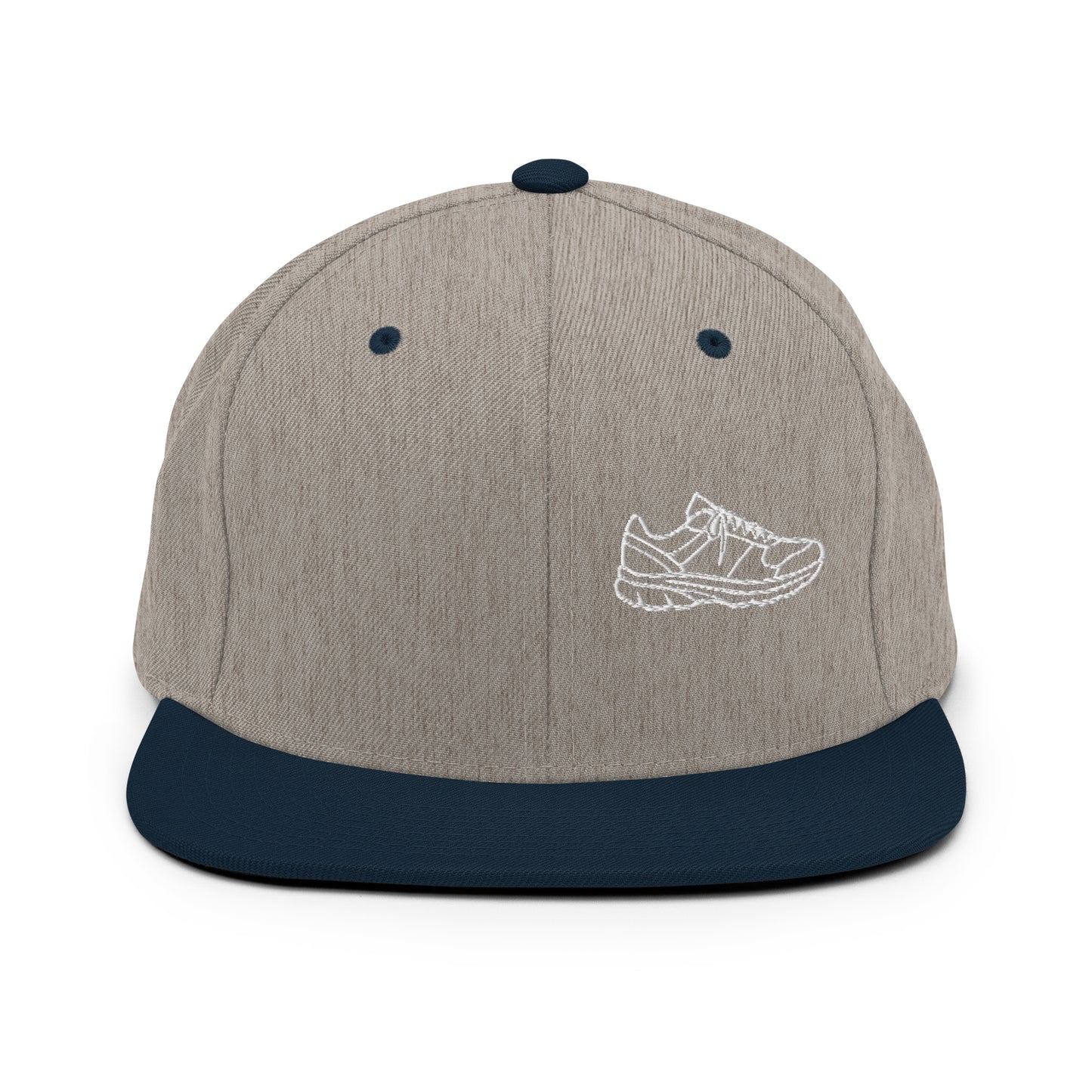 Running Edition structured snapback hat in heather gray and navy with flat brim and high-profile 6-panel crown | Our Game | An Athlete Trains