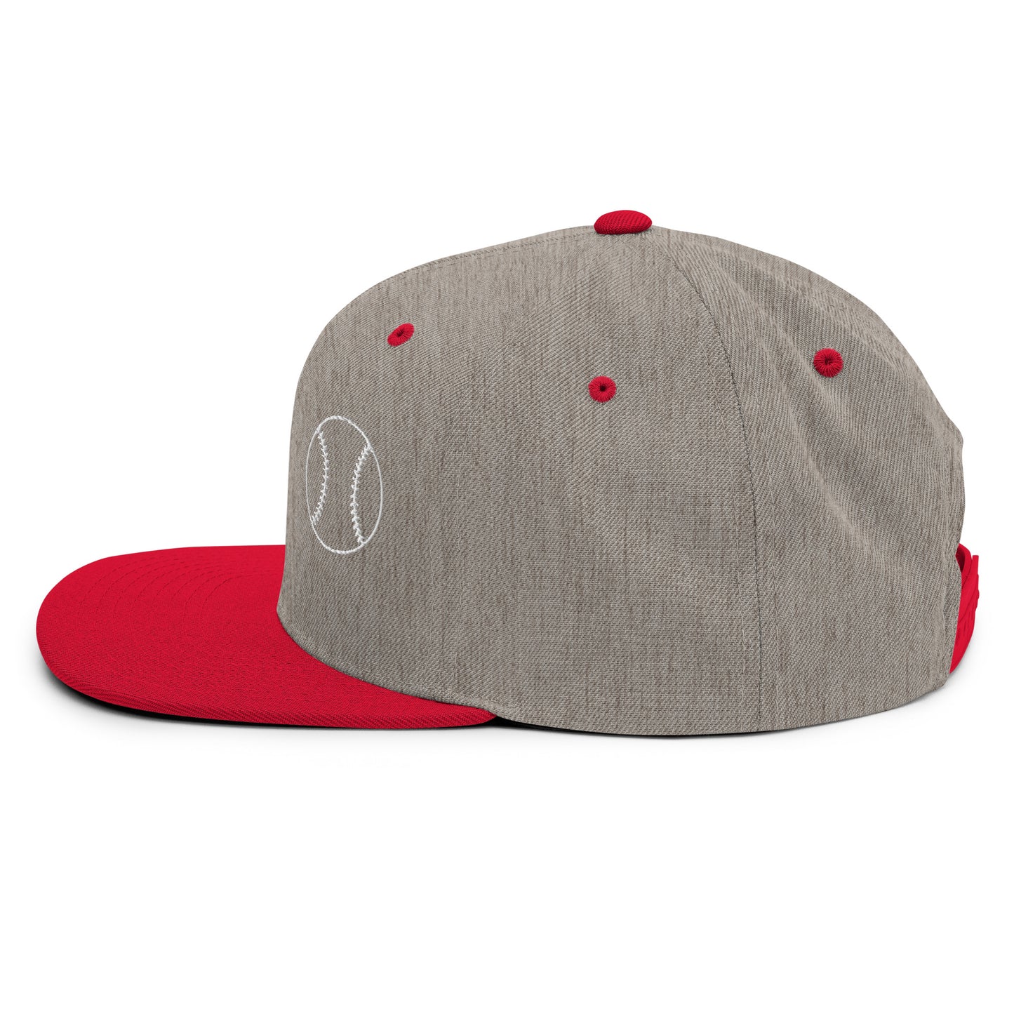 Baseball Edition structured snapback hat in heather gray and red with flat brim and high-profile 6-panel crown | Our Game | An Athlete Trains