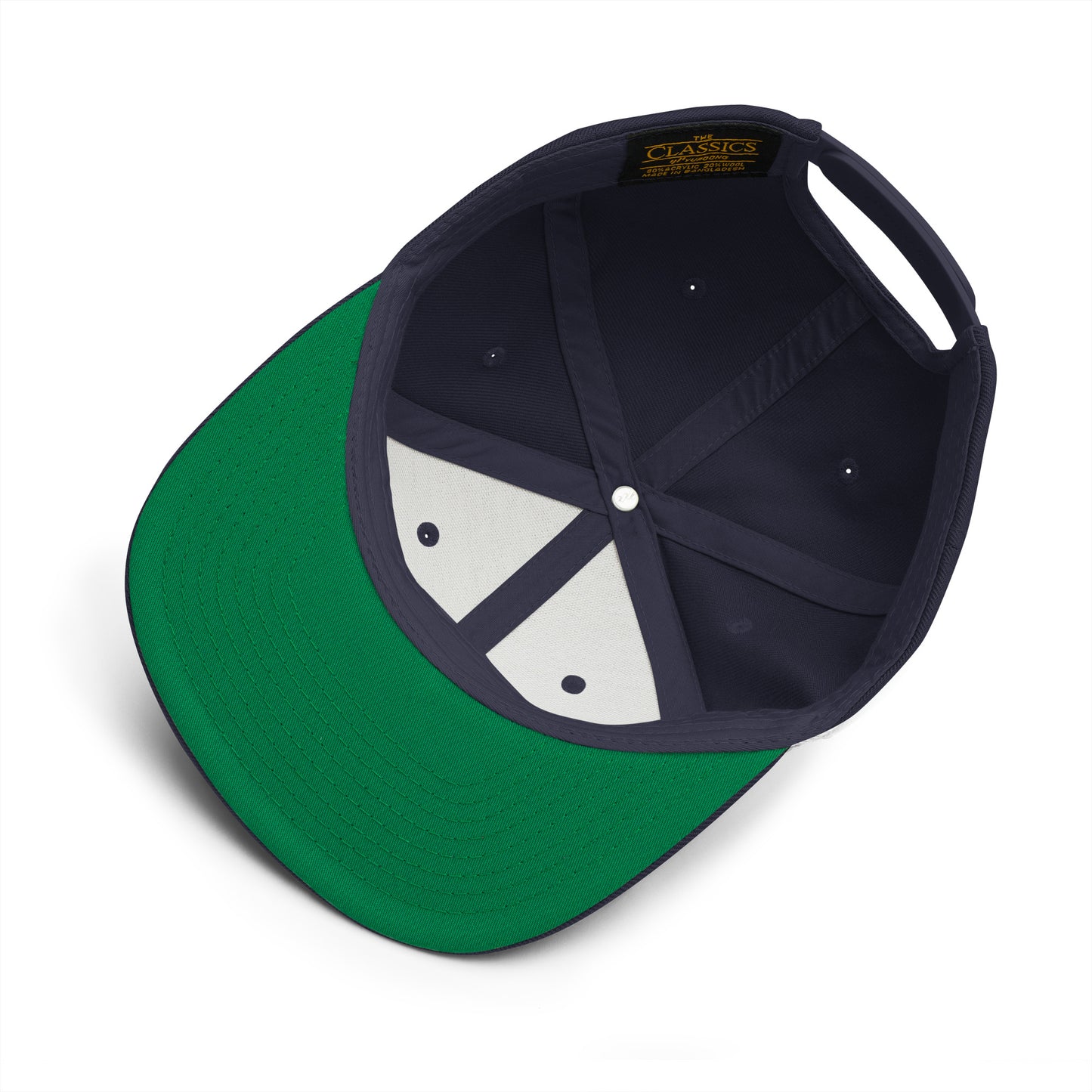 An Athlete Trains structured hat with a classic fit, flat brim, full buckram, and adjustable snap closure.