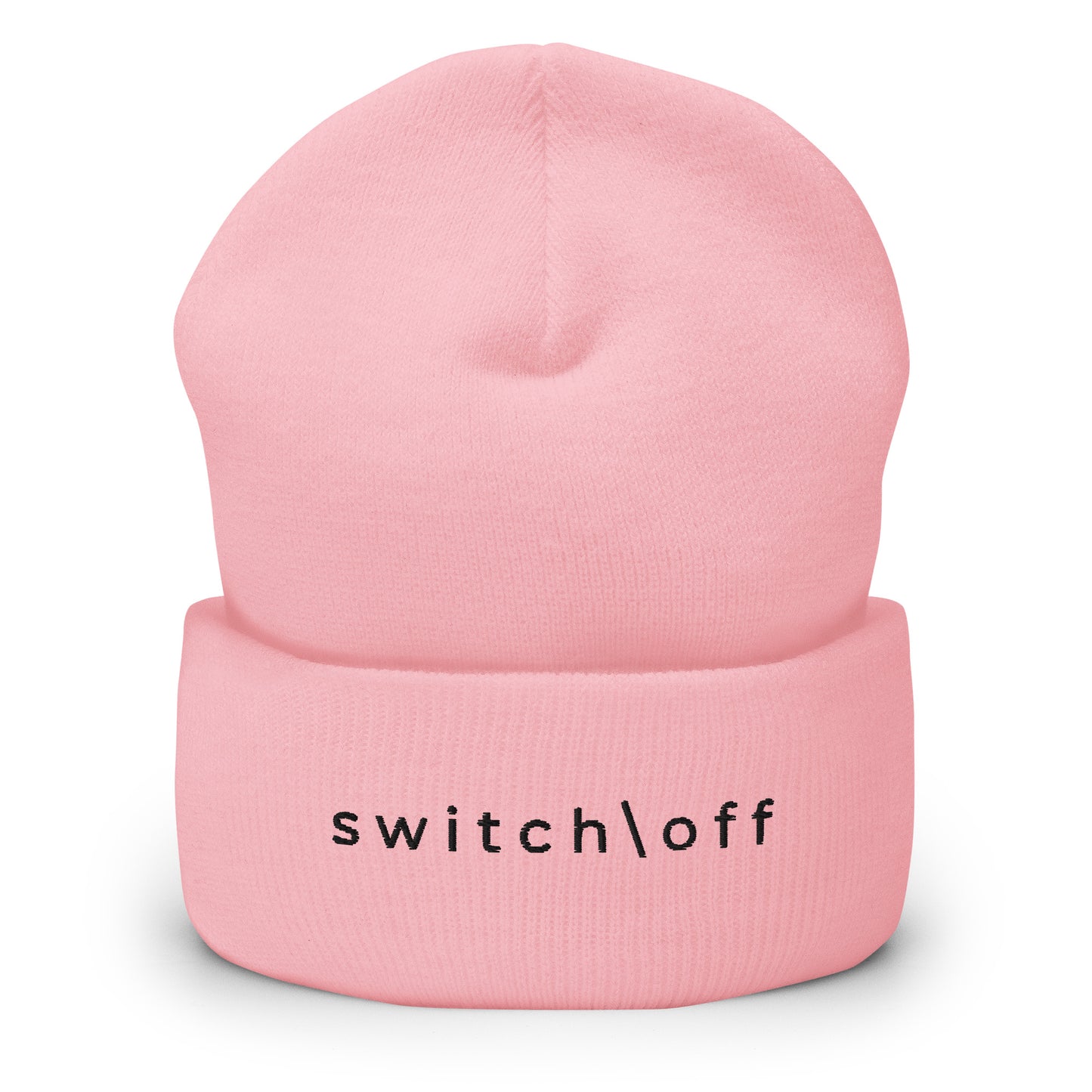 100% hypoallergenic Turbo acrylic cuffed beanie in pink with black switch\off embroidery - An Athlete Trains recovery gear.