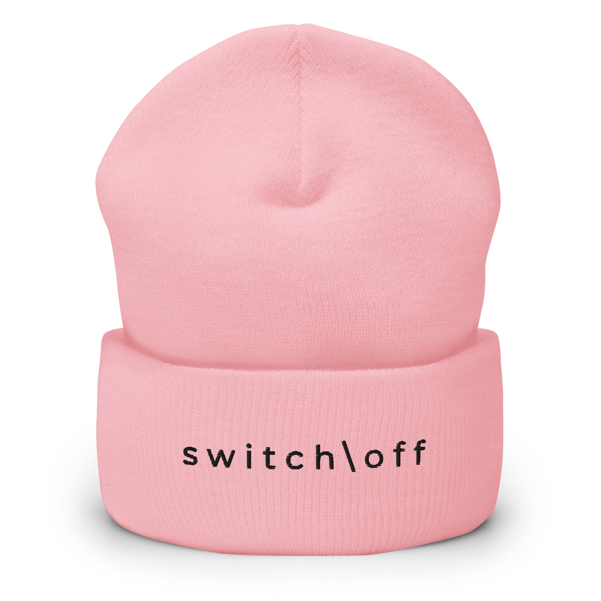 100% hypoallergenic Turbo acrylic cuffed beanie in pink with black switch\off embroidery - An Athlete Trains recovery gear.