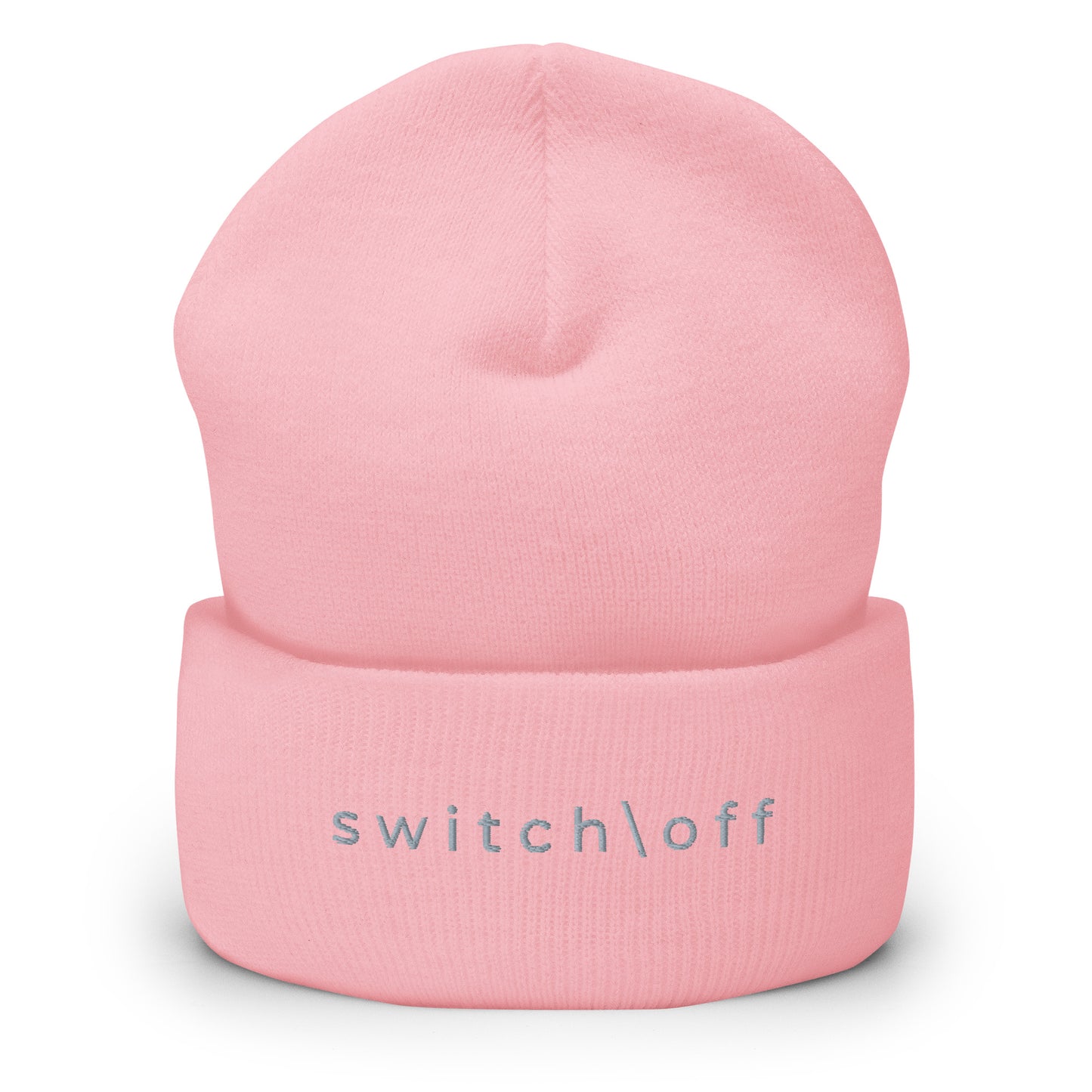 100% hypoallergenic Turbo acrylic cuffed beanie in pink with gray switch\off embroidery - An Athlete Trains recovery gear.