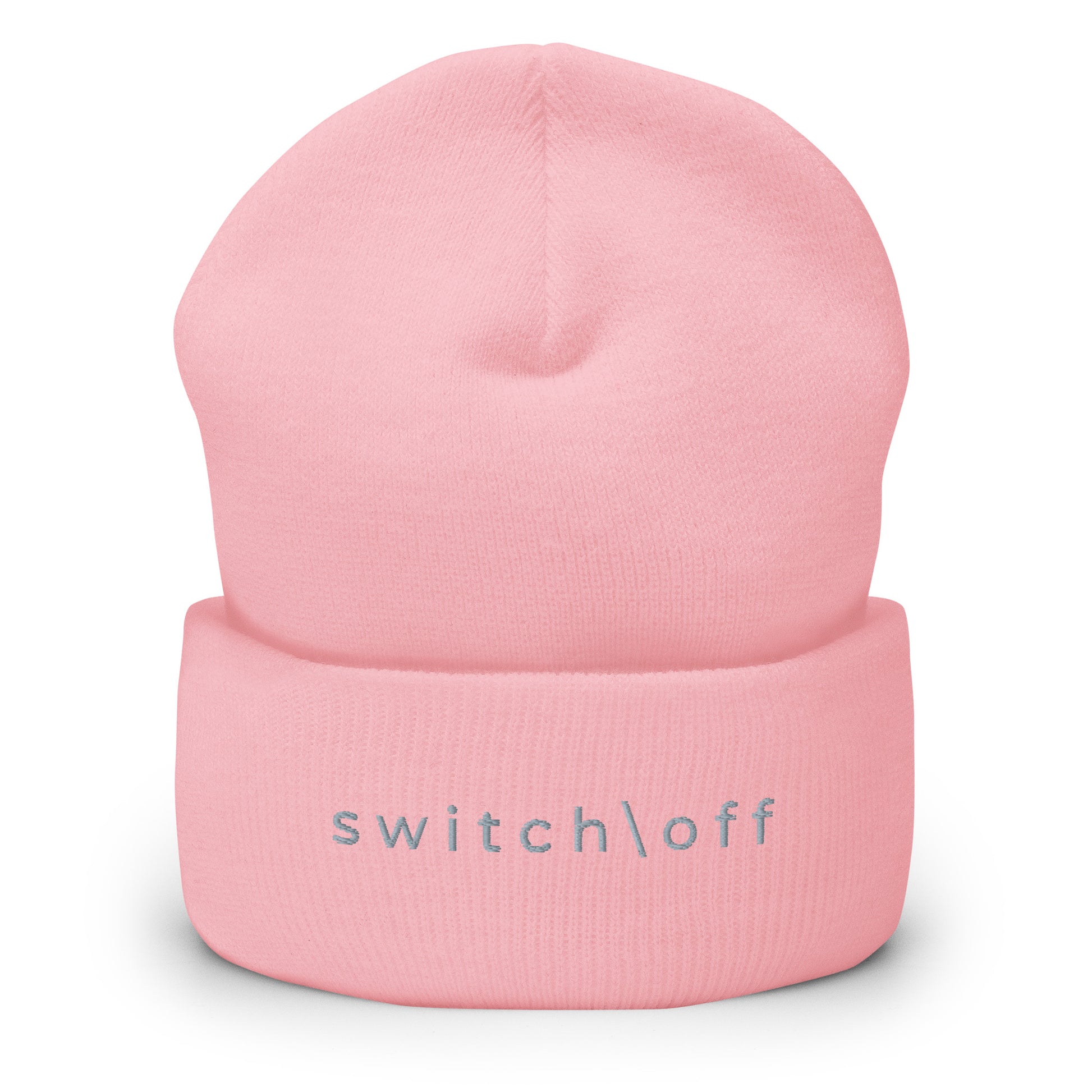 100% hypoallergenic Turbo acrylic cuffed beanie in pink with gray switch\off embroidery - An Athlete Trains recovery gear.