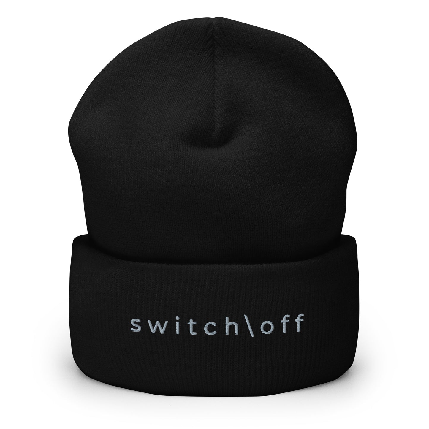 100% hypoallergenic Turbo acrylic cuffed beanie in black with gray switch\off embroidery - An Athlete Trains recovery gear.