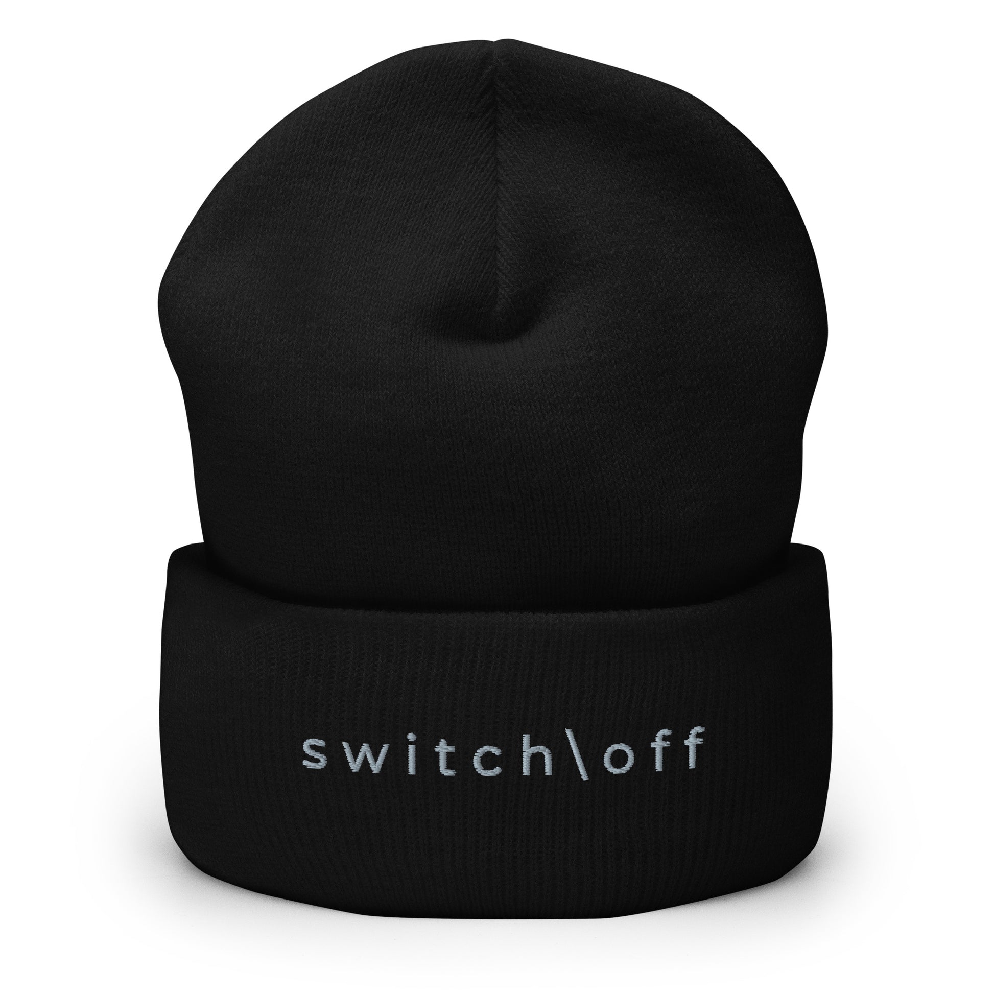 100% hypoallergenic Turbo acrylic cuffed beanie in black with gray switch\off embroidery - An Athlete Trains recovery gear.