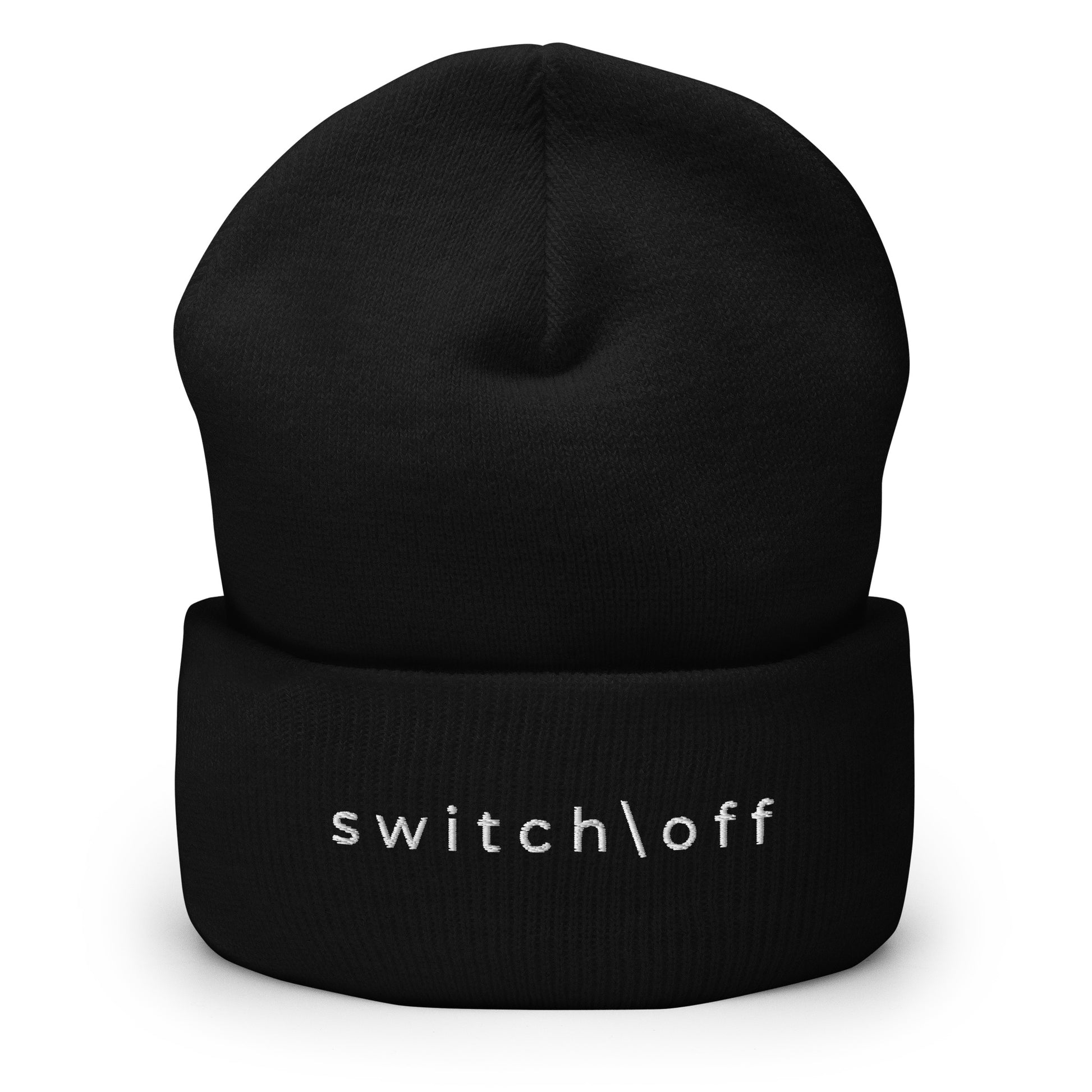 100% hypoallergenic Turbo acrylic cuffed beanie in black with white switch\off embroidery - An Athlete Trains recovery gear.