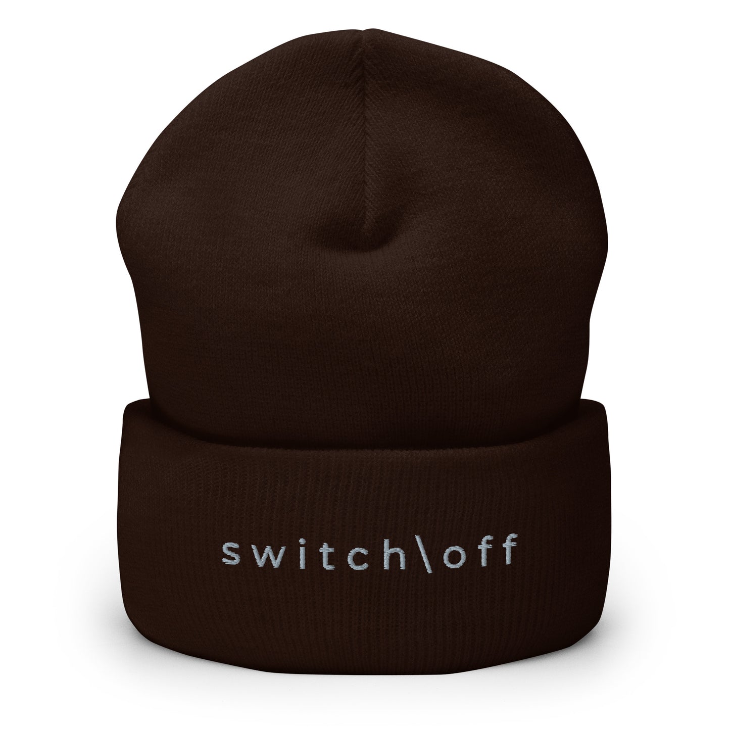 100% hypoallergenic Turbo acrylic cuffed beanie in brown with gray switch\off embroidery - An Athlete Trains recovery gear.