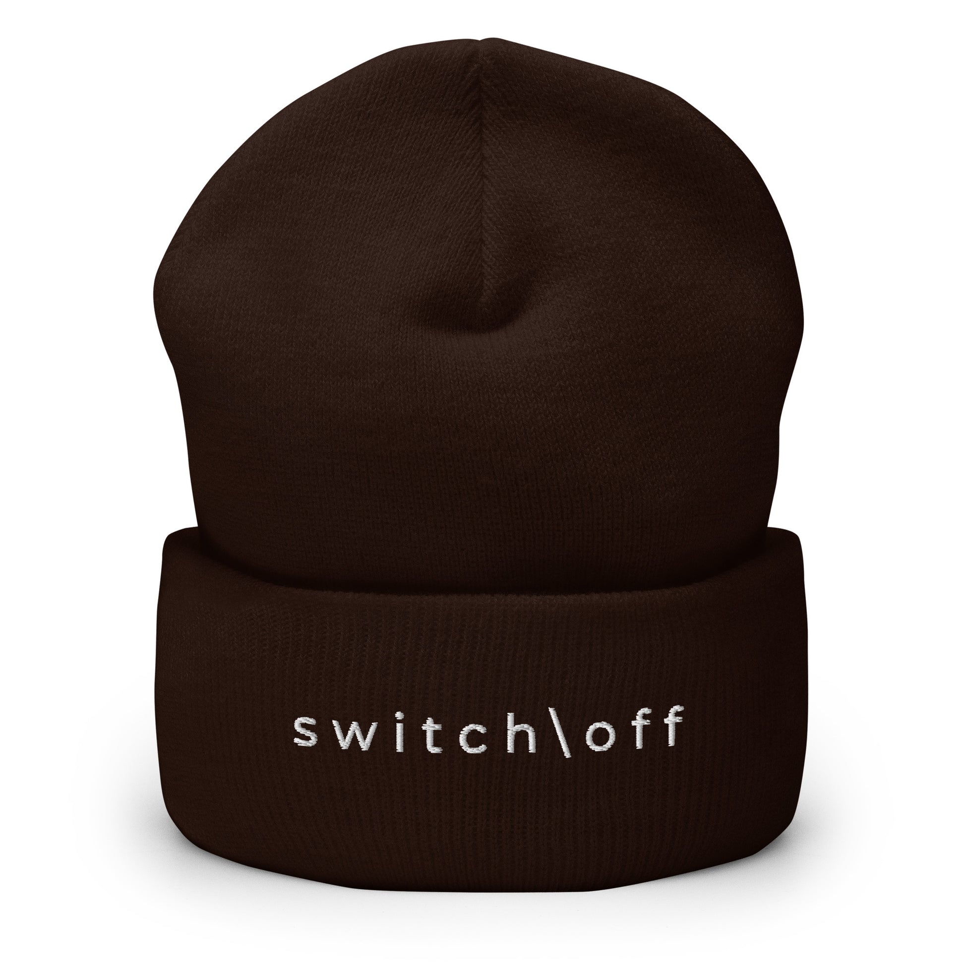 100% hypoallergenic Turbo acrylic cuffed beanie in brown with white switch\off embroidery - An Athlete Trains recovery gear.