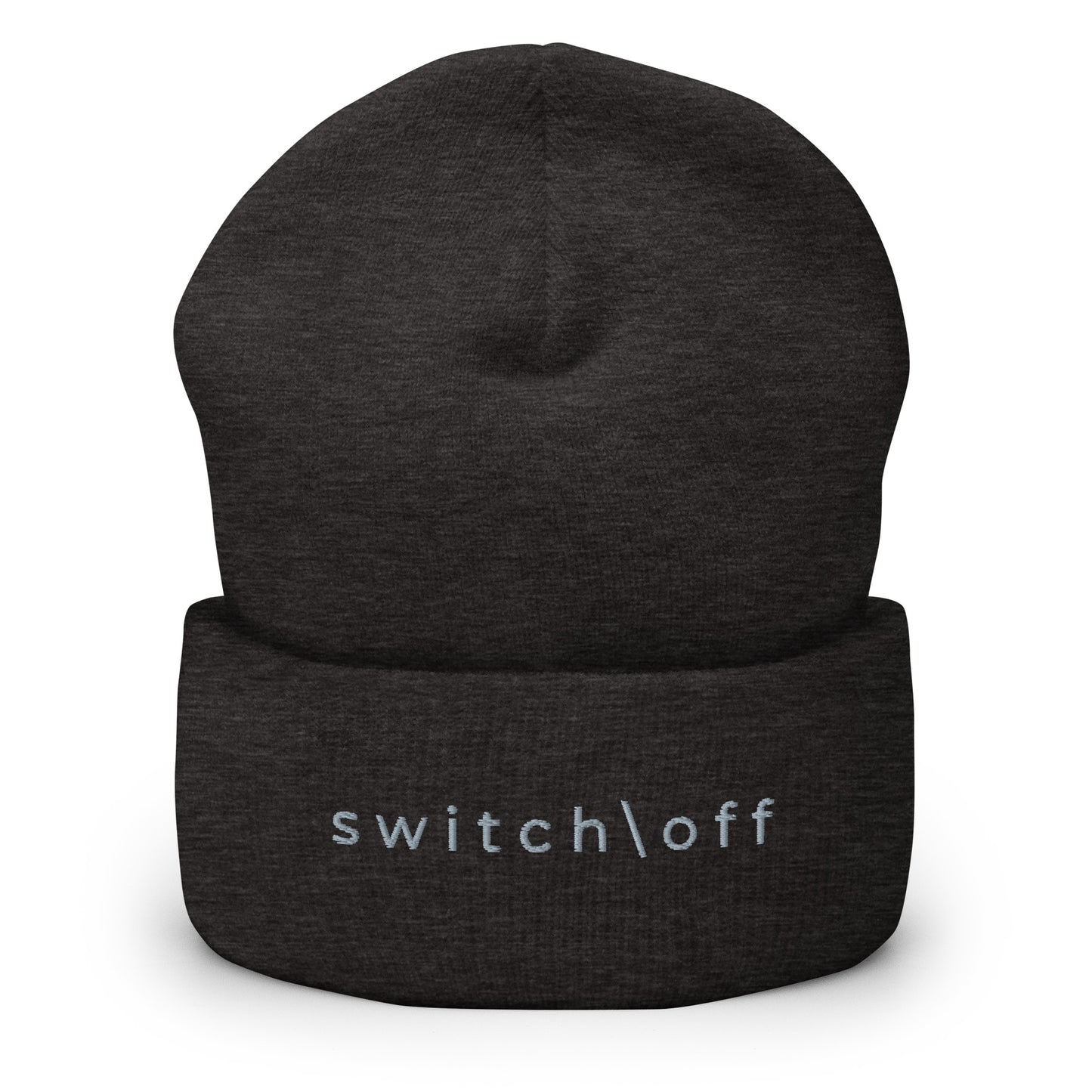100% hypoallergenic Turbo acrylic cuffed beanie in dark gray with gray switch\off embroidery - An Athlete Trains recovery gear.