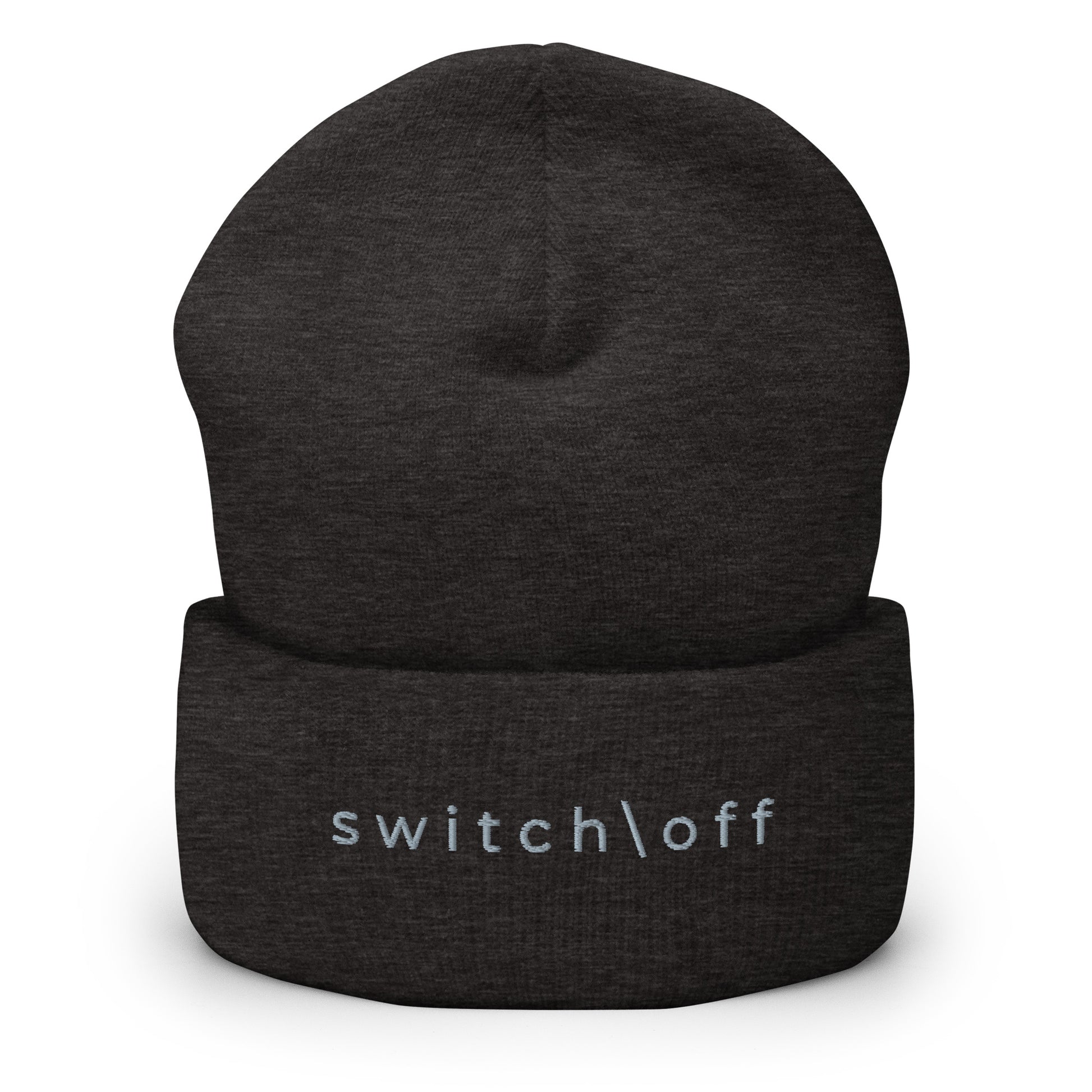 100% hypoallergenic Turbo acrylic cuffed beanie in dark gray with gray switch\off embroidery - An Athlete Trains recovery gear.